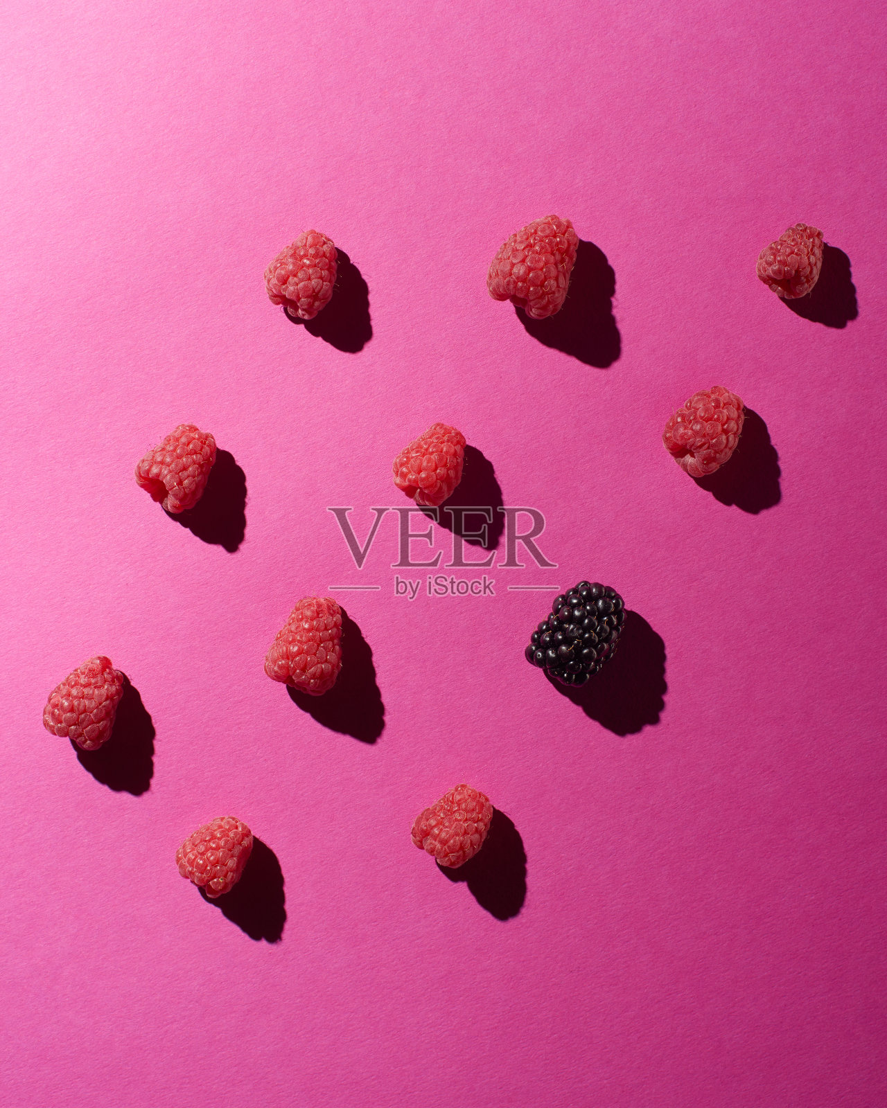覆盆子和一个黑莓在粉红色的阴影背景照片摄影图片