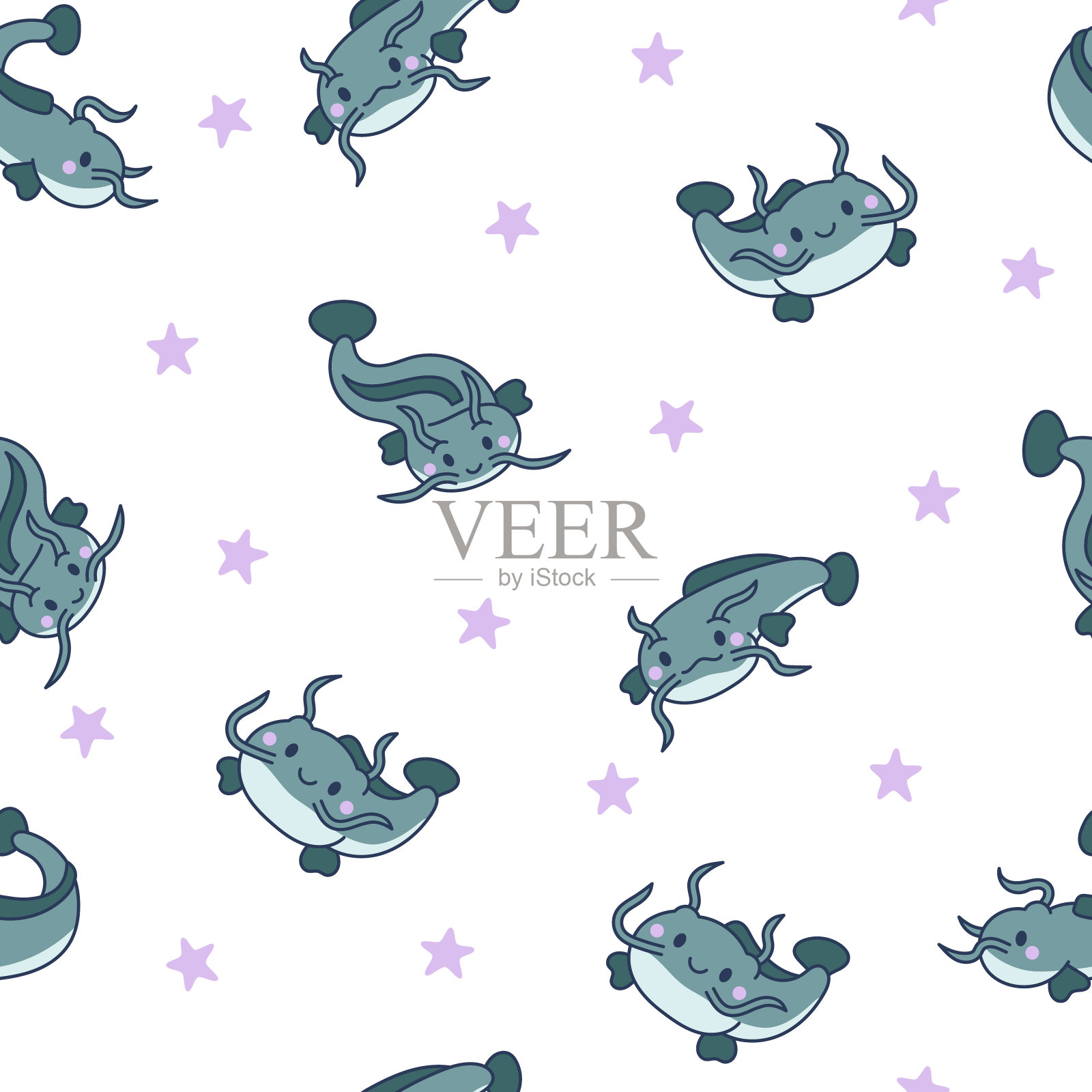 可爱的卡哇伊鲶鱼在不同的姿势。无缝模式。有趣的卡通水生动物角色。手绘风格。矢量图。设计的饰品。插画图片素材