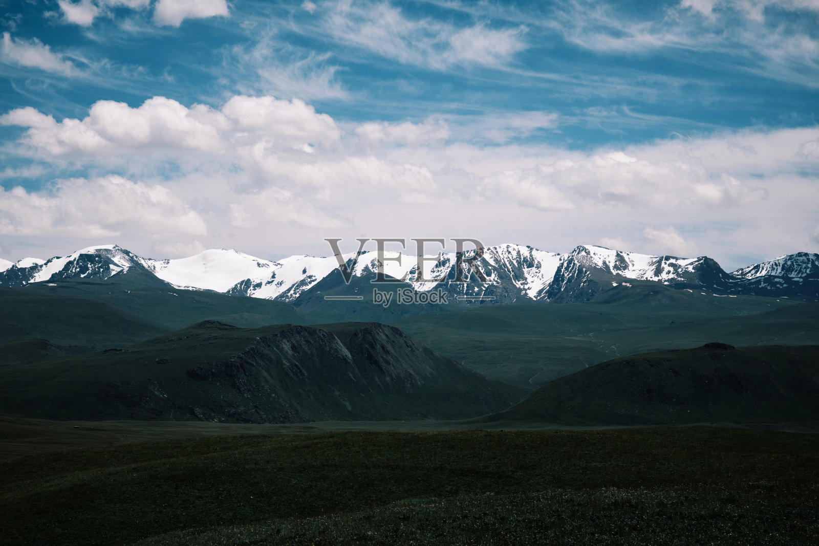 白雪覆盖的天山山脊俯瞰着郁郁葱葱的绿色山谷照片摄影图片