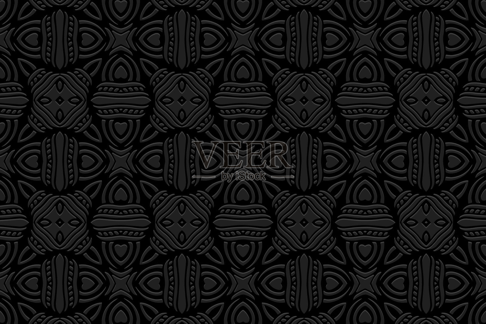 压花黑色背景，异国情调的封面设计，横幅。几何部落三维图案。民族装饰品，阿拉伯花饰，曼陀罗。手工制作的异国情调。东方，亚洲，印度，墨西哥，阿兹特克的图案。插画图片素材
