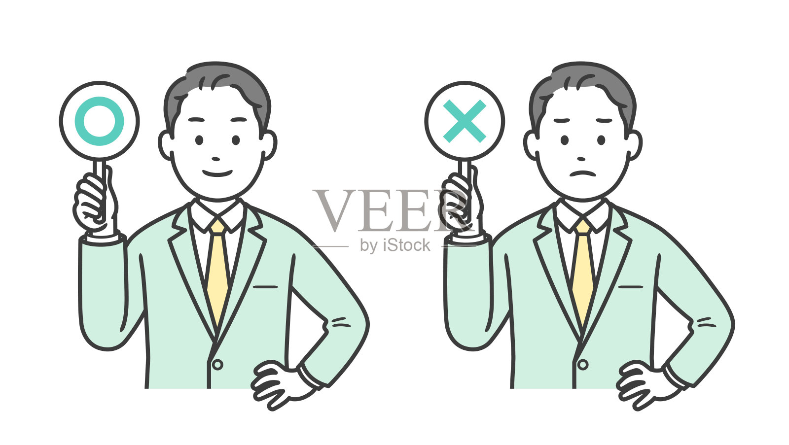 插图的商人拿着一个圆圈和一个十字架，并把他的手放在他的臀部插画图片素材