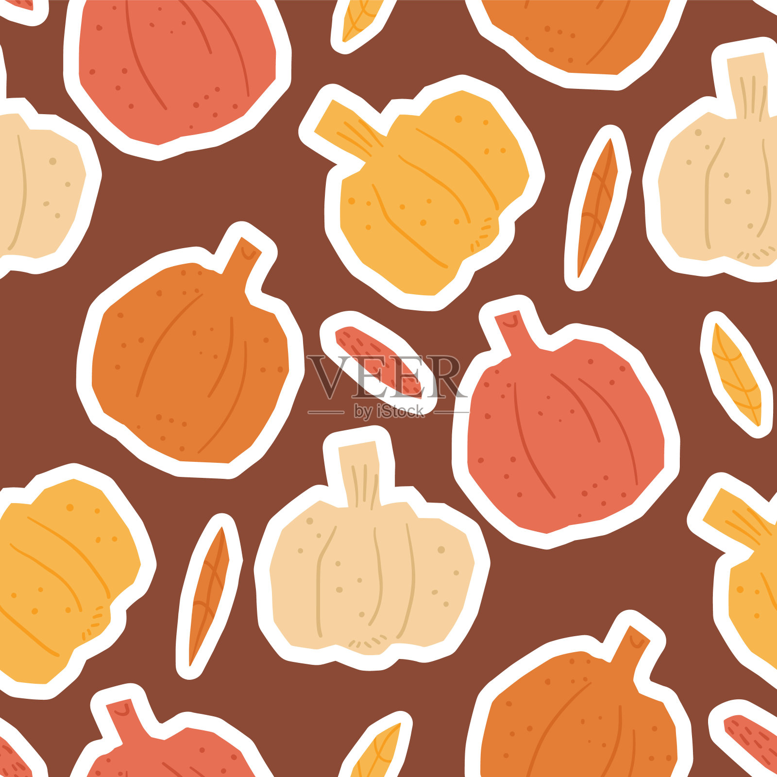 南瓜贴纸无缝图案。剪纸纸张形状重复背景。秋收无尽的设计。矢量手绘平面插图。插画图片素材