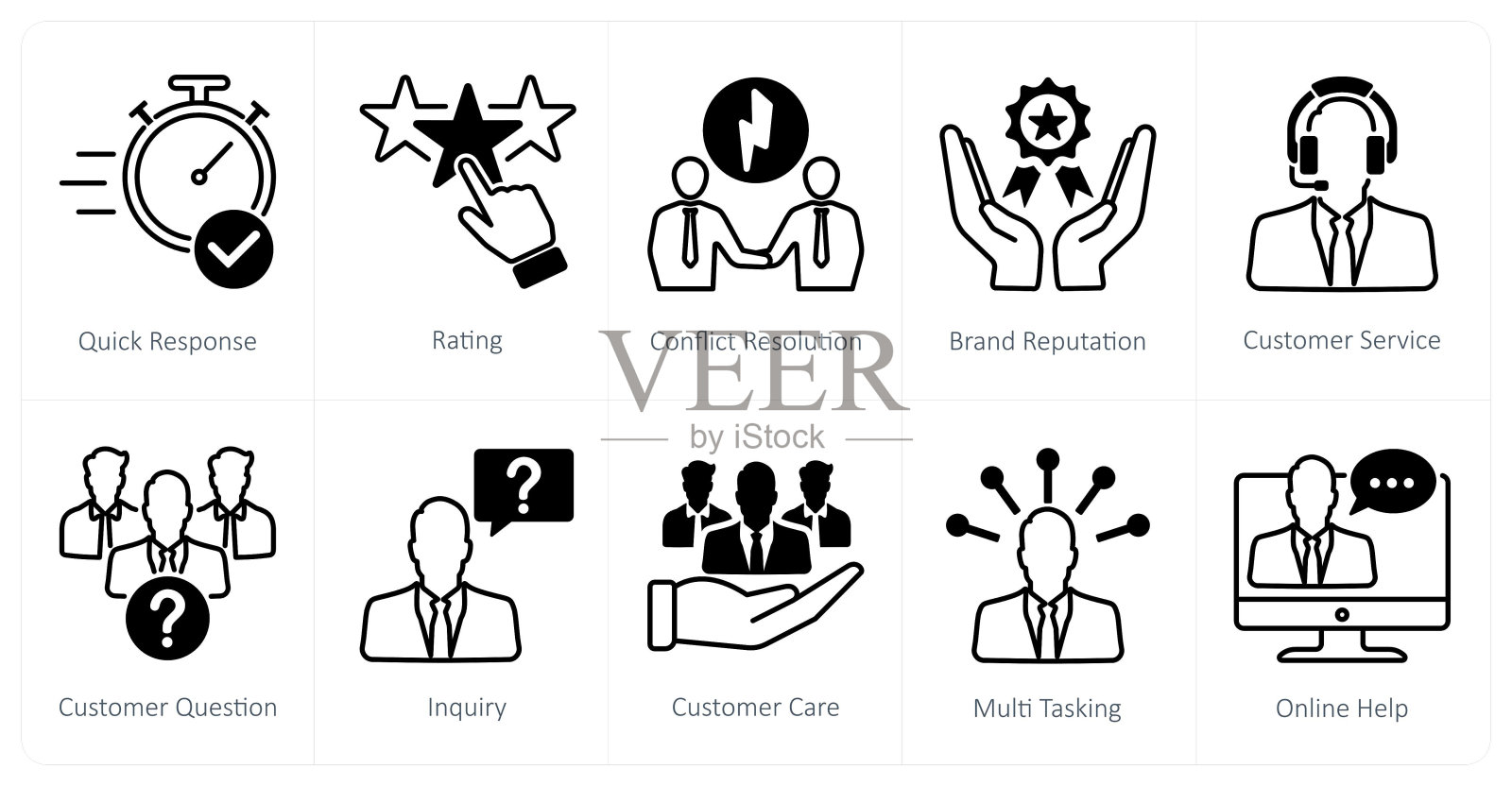 一组10个客户服务图标作为快速响应，评级，解决冲突插画图片素材