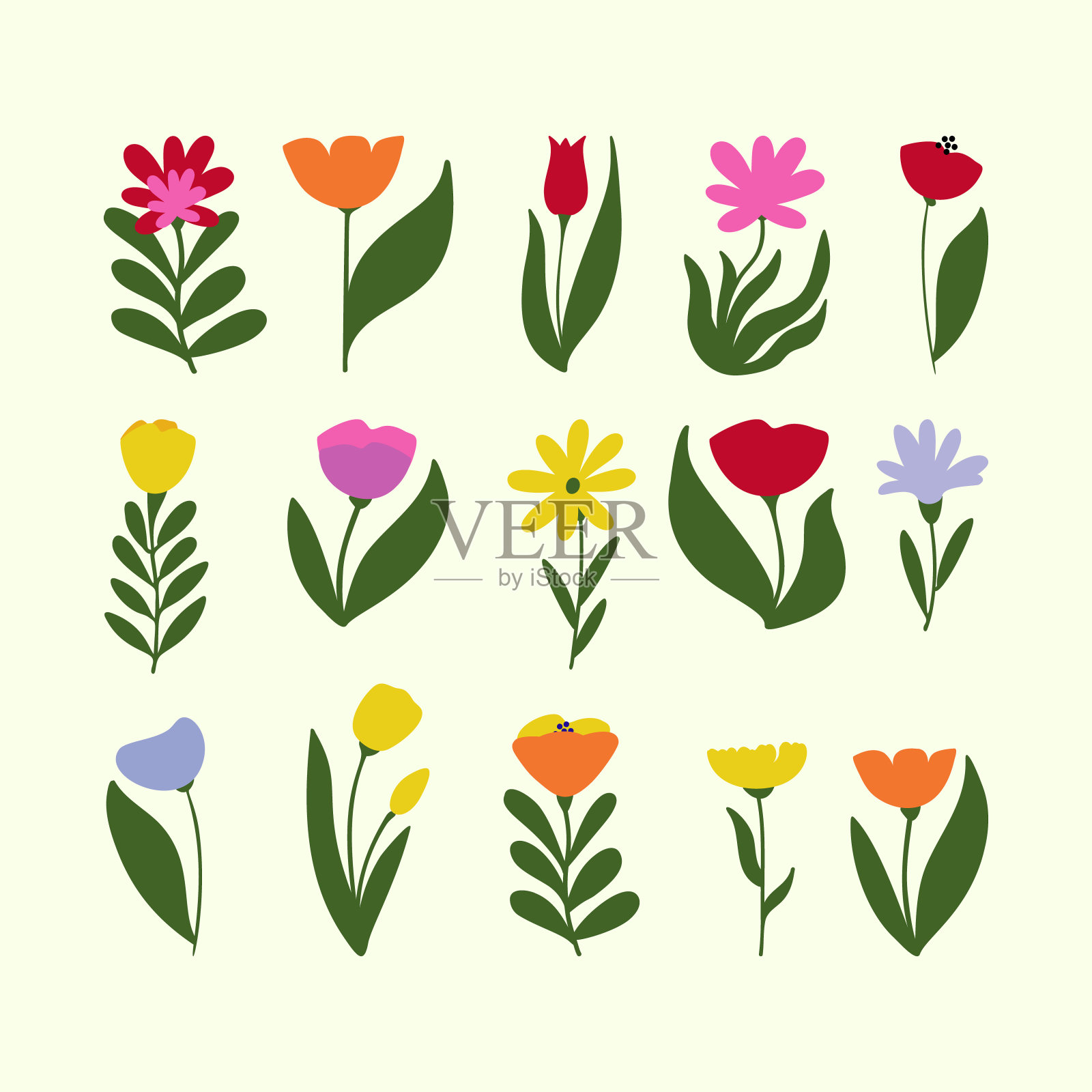 收集各种五颜六色的花朵和树叶插图在一个简单的和现代的风格孤立插画图片素材