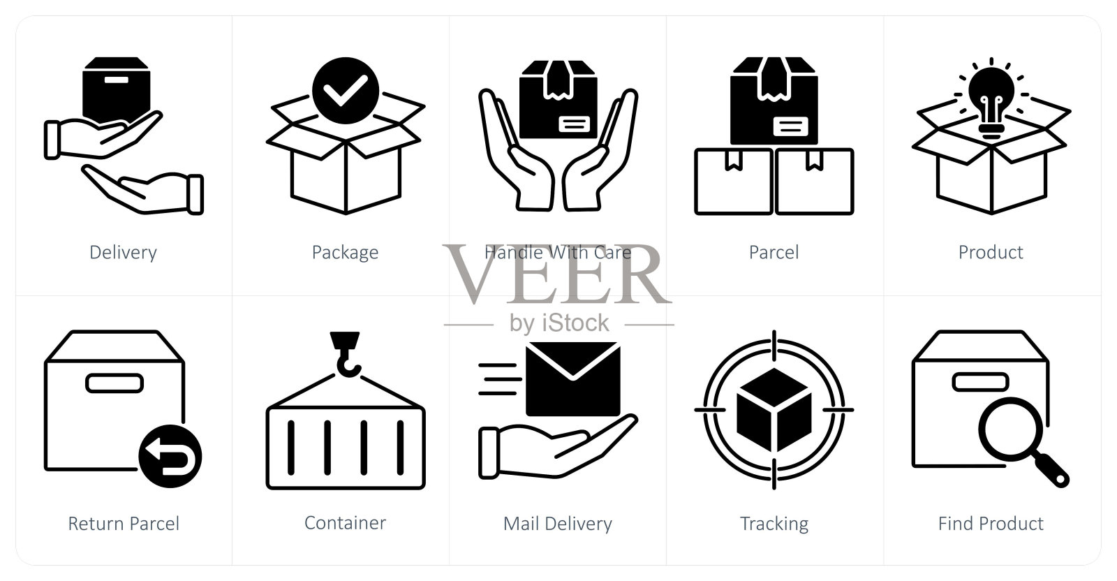 一套10个送货图标，如送货、打包、小心搬运插画图片素材