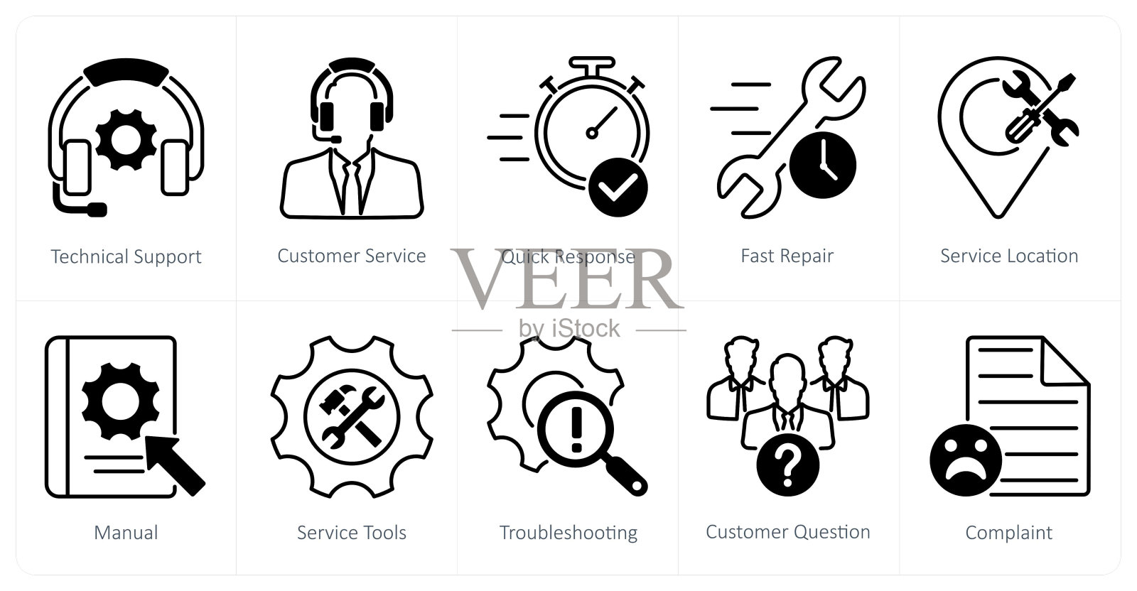 一套10个客户服务图标作为技术支持，客户服务，快速响应插画图片素材