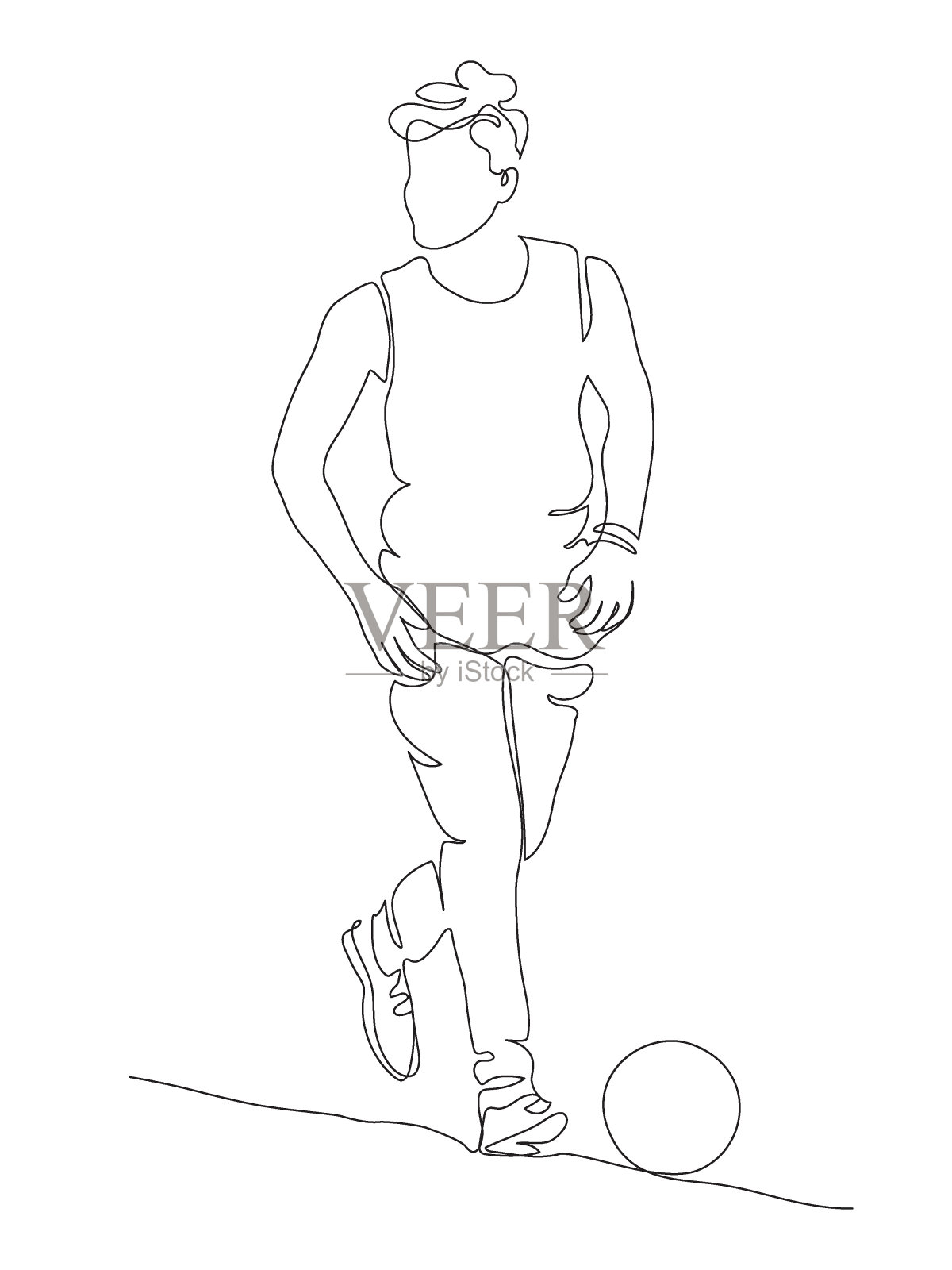 球员运球。有球的人。业余足球或足球比赛时刻。连续线条绘制。黑白矢量插图在线艺术风格。插画图片素材