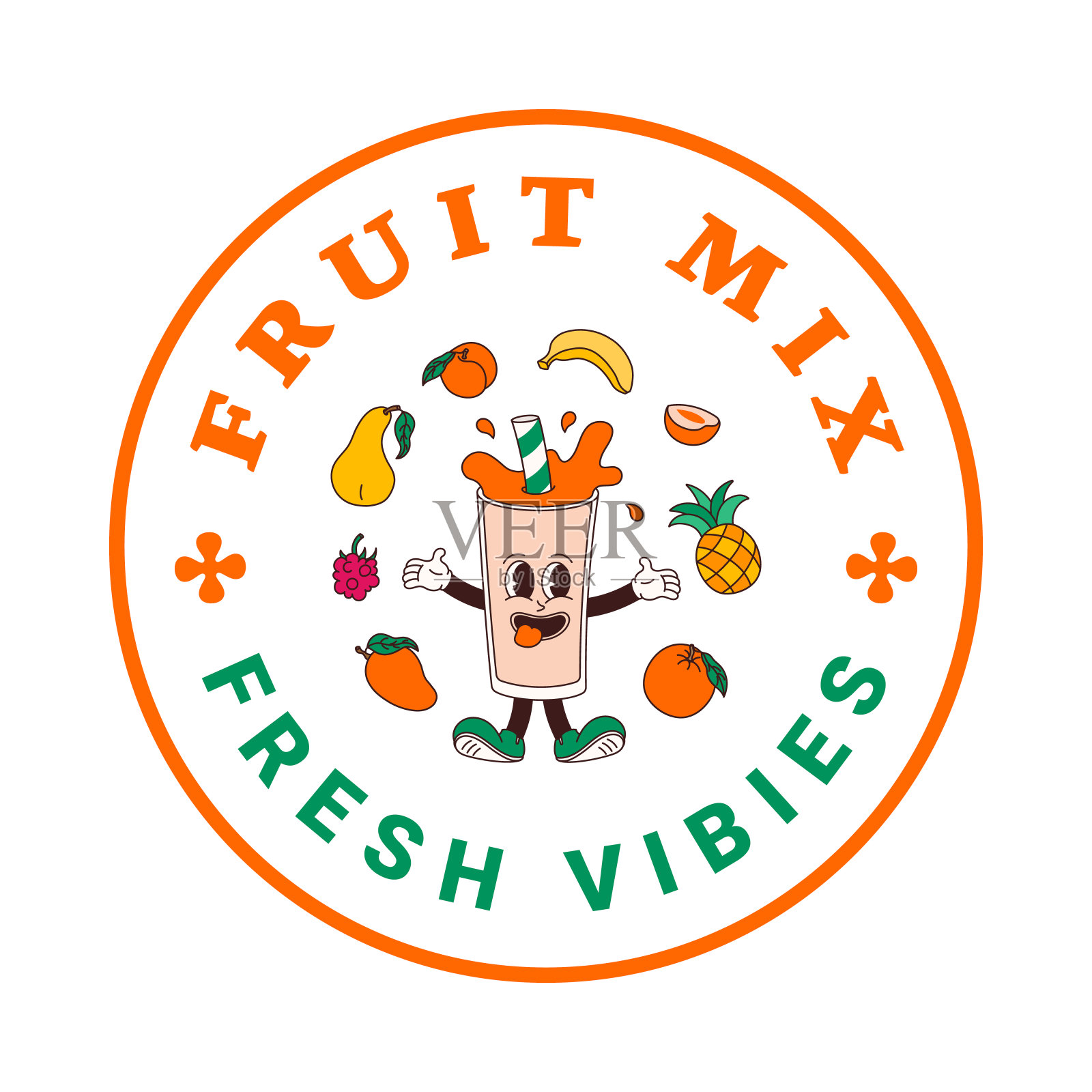卡通风格的混合果汁或奶昔贴纸。孤立的矢量标签groovy水果饮料吉祥物在透明背景上的复古风格的标志，徽章和你的设计插画图片素材