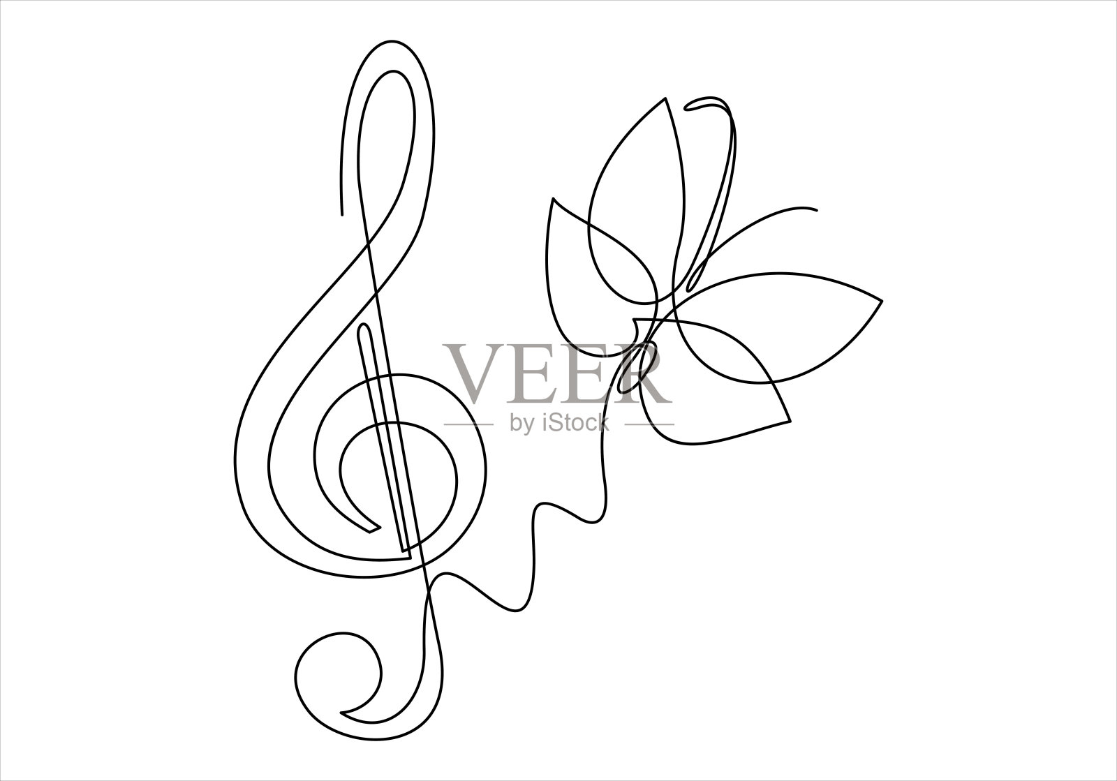 蝴蝶和音乐高音谱号。连续划线插画图片素材