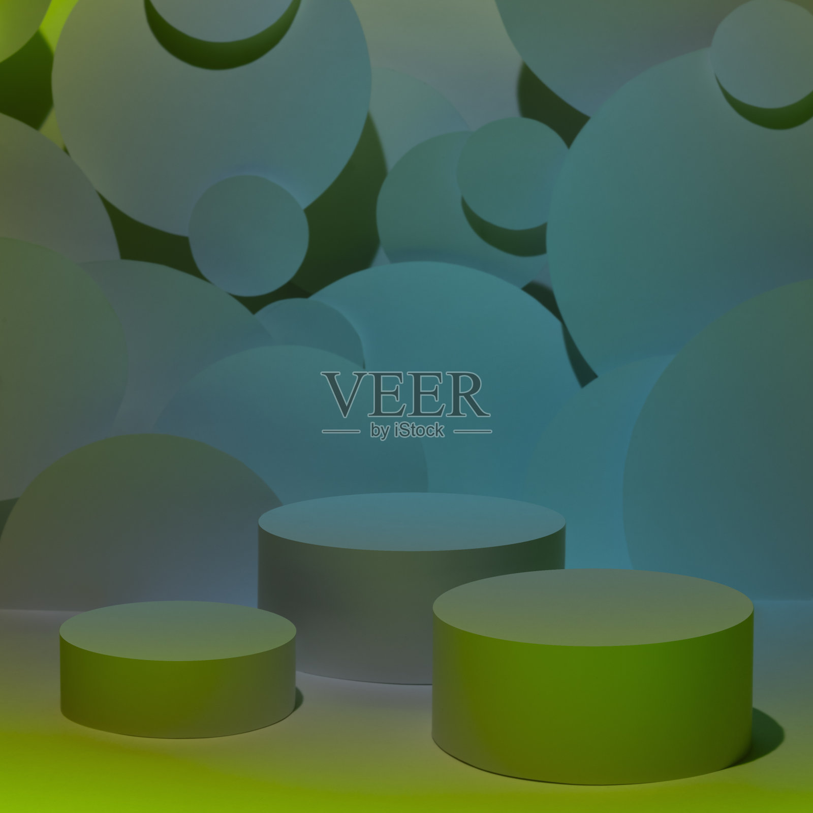 抽象场景为展示护肤品——三个圆形讲台模型在蓝酸绿的辉光下，泡泡飞的装饰。模板显示化妆品在vr黑色星期五的风格。照片摄影图片