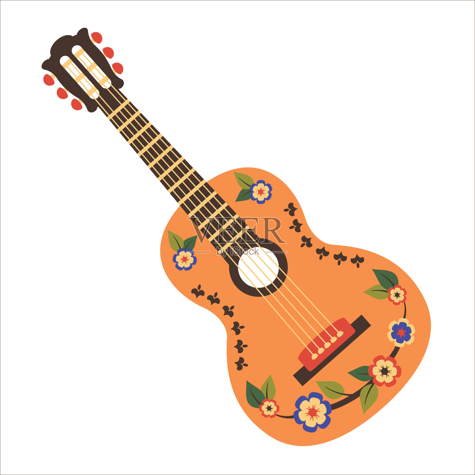 吉他孤立在白色背景。墨西哥传统乐器。民族音乐元素绘画由彩色花朵和墨西哥装饰。矢量插图的聚会，假期，节日的横幅，海报插画图片素材