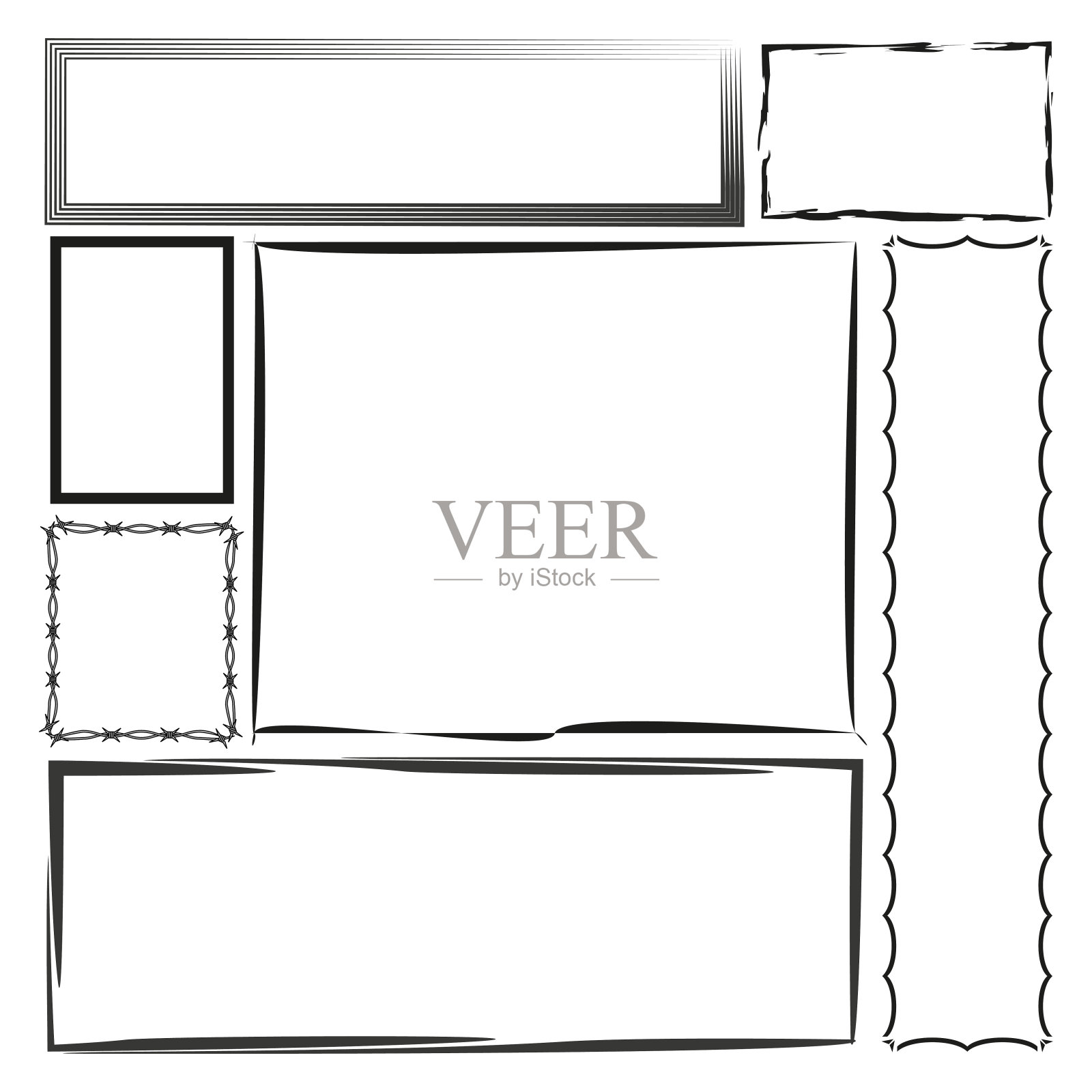 各种装饰框架。黑白轮廓。简单的矢量边界。多种框架设计。插画图片素材