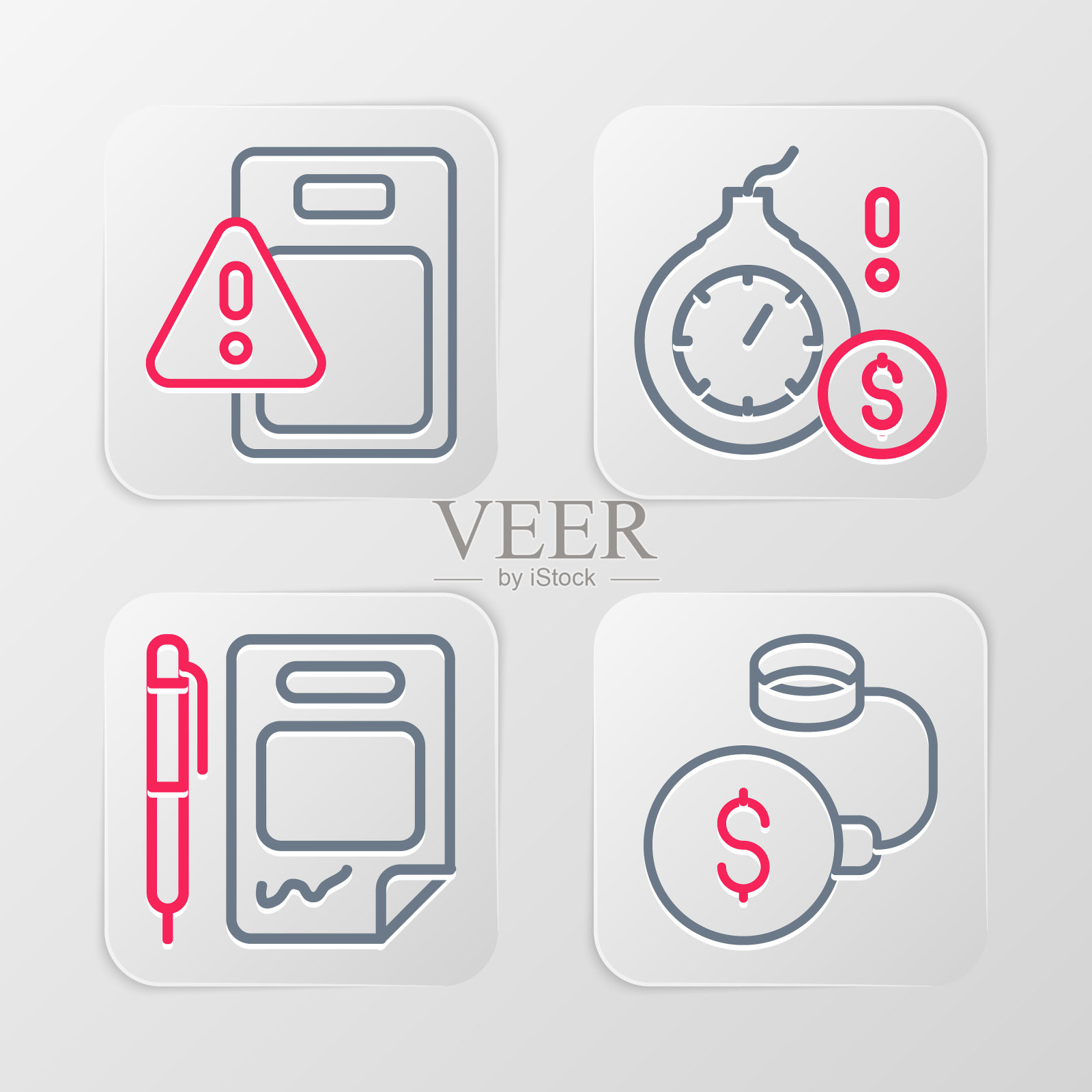 设定线债务球链到硬币，合同钱和笔，钱炸弹美元危机和全球经济图标。向量插画图片素材