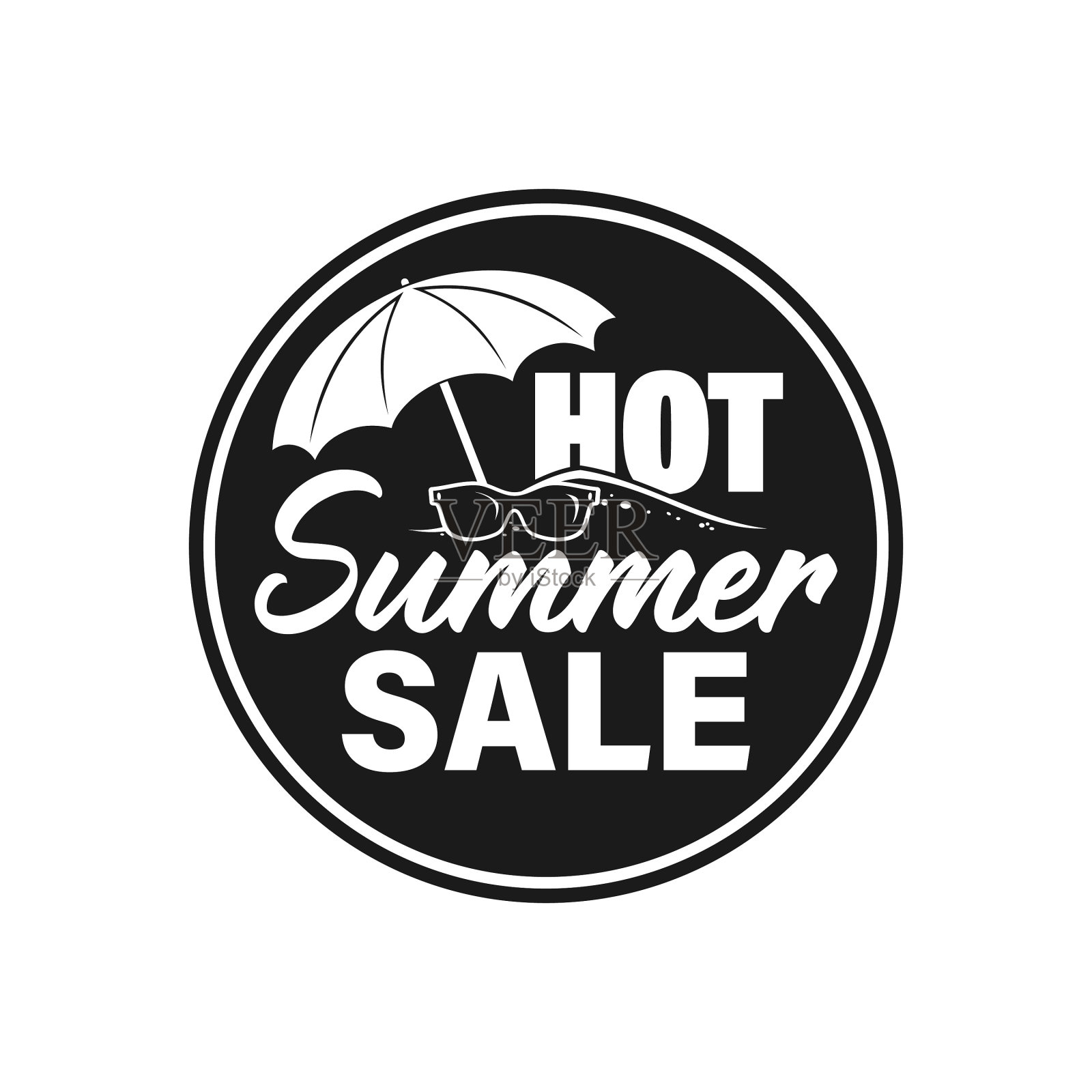 炎热的夏季销售徽章，邮票，印记，标签，贴纸与太阳镜，沙滩伞在沙子和炎热的夏季销售字母插画图片素材