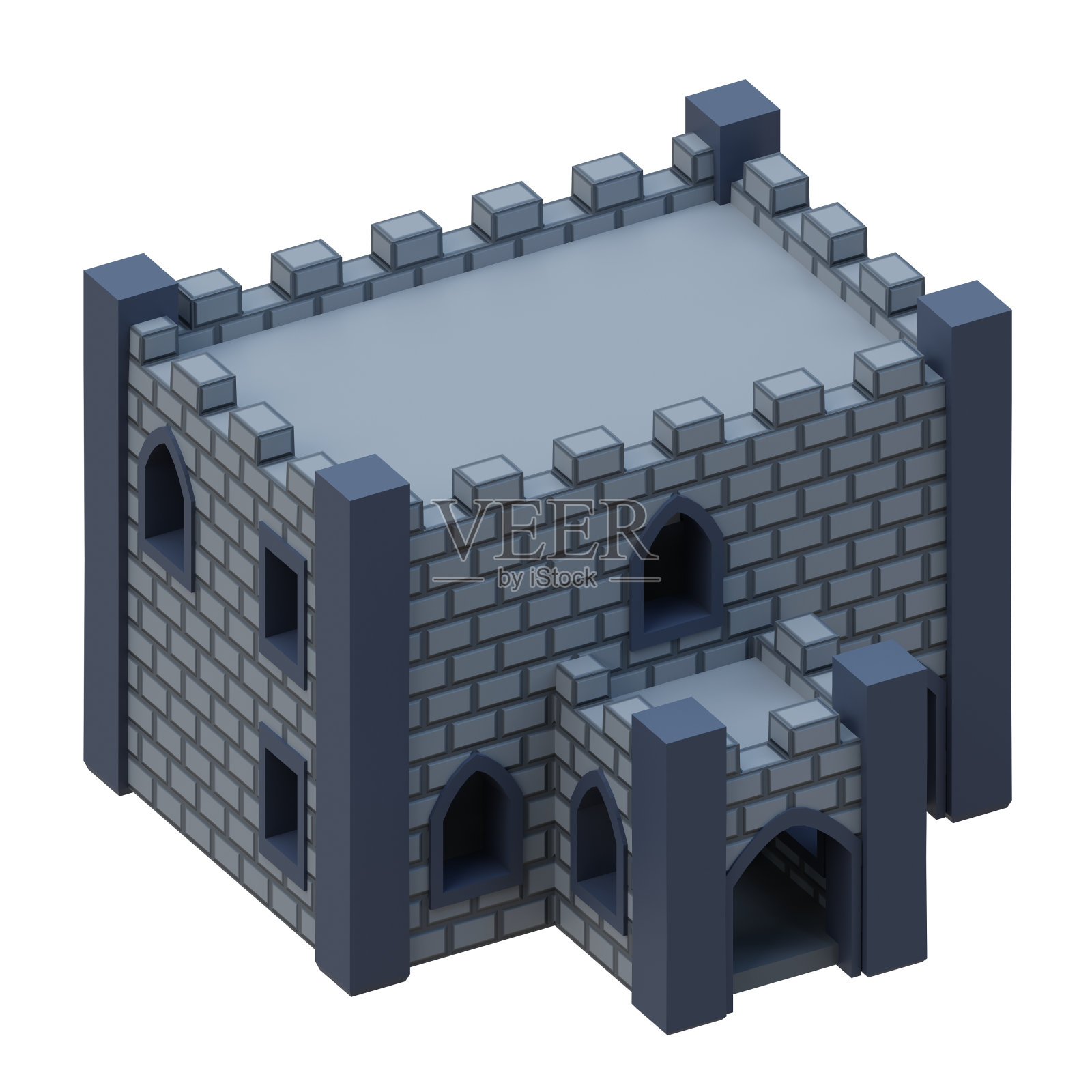 灰砖中世纪建筑等长风格堡垒。3 d渲染。照片摄影图片