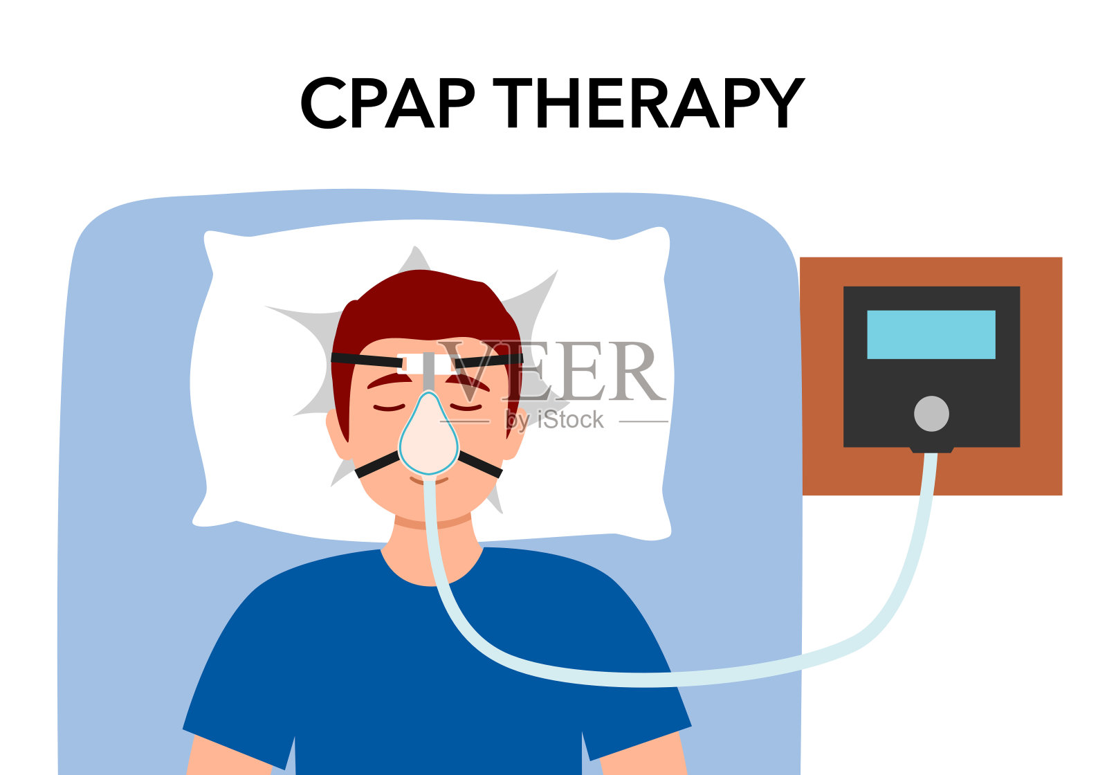 患有睡眠呼吸暂停综合征的男子在平板设计中佩戴cpap呼吸机。插画图片素材