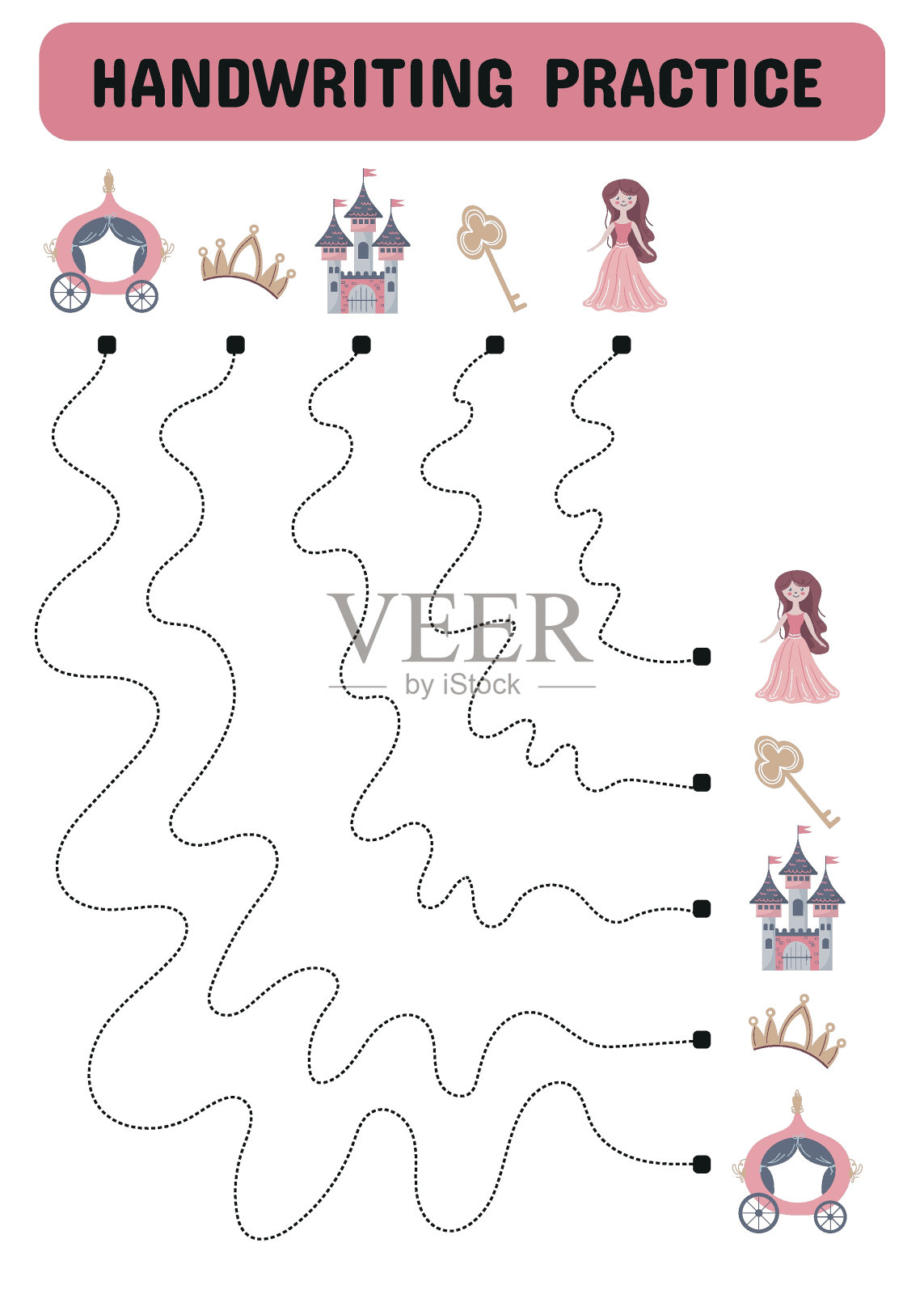和公主一起练习写字。教育儿童游戏。跟踪线。儿童早期教育工作表。矢量图插画图片素材