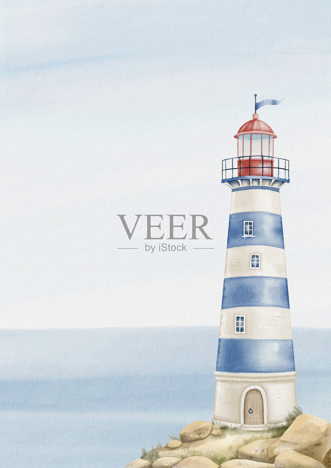 岩石上的水彩灯塔。淡蓝色和米色的灯塔插图。景观与灯塔的婴儿海报。模板幼稚的贺卡和孩子们的邀请插画图片素材