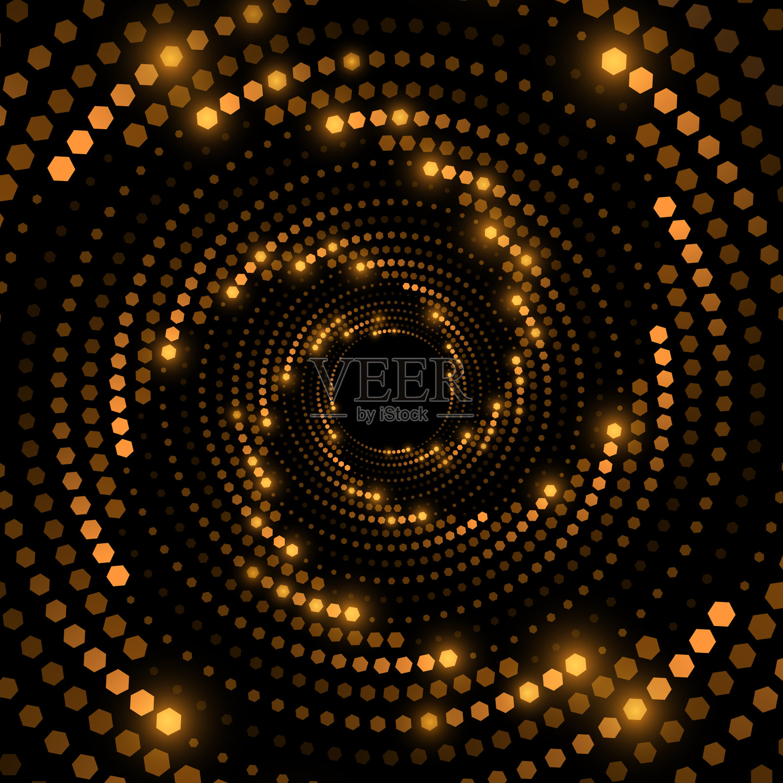 抽象旋转的未来主义发光六边形。大数据可视化进入网络空间。具有光效的蜂窝涡旋图案。现代潮流背景。向量。插画图片素材
