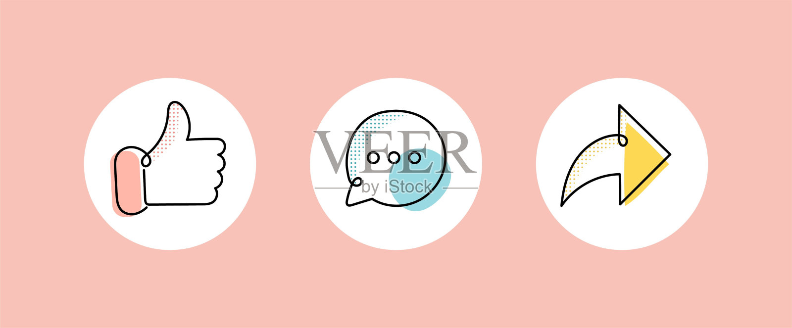 社交媒体参与图标:喜欢，评论，分享，关注。自定义喜欢、评论和分享图标。可编辑的描边和颜色。插画图片素材