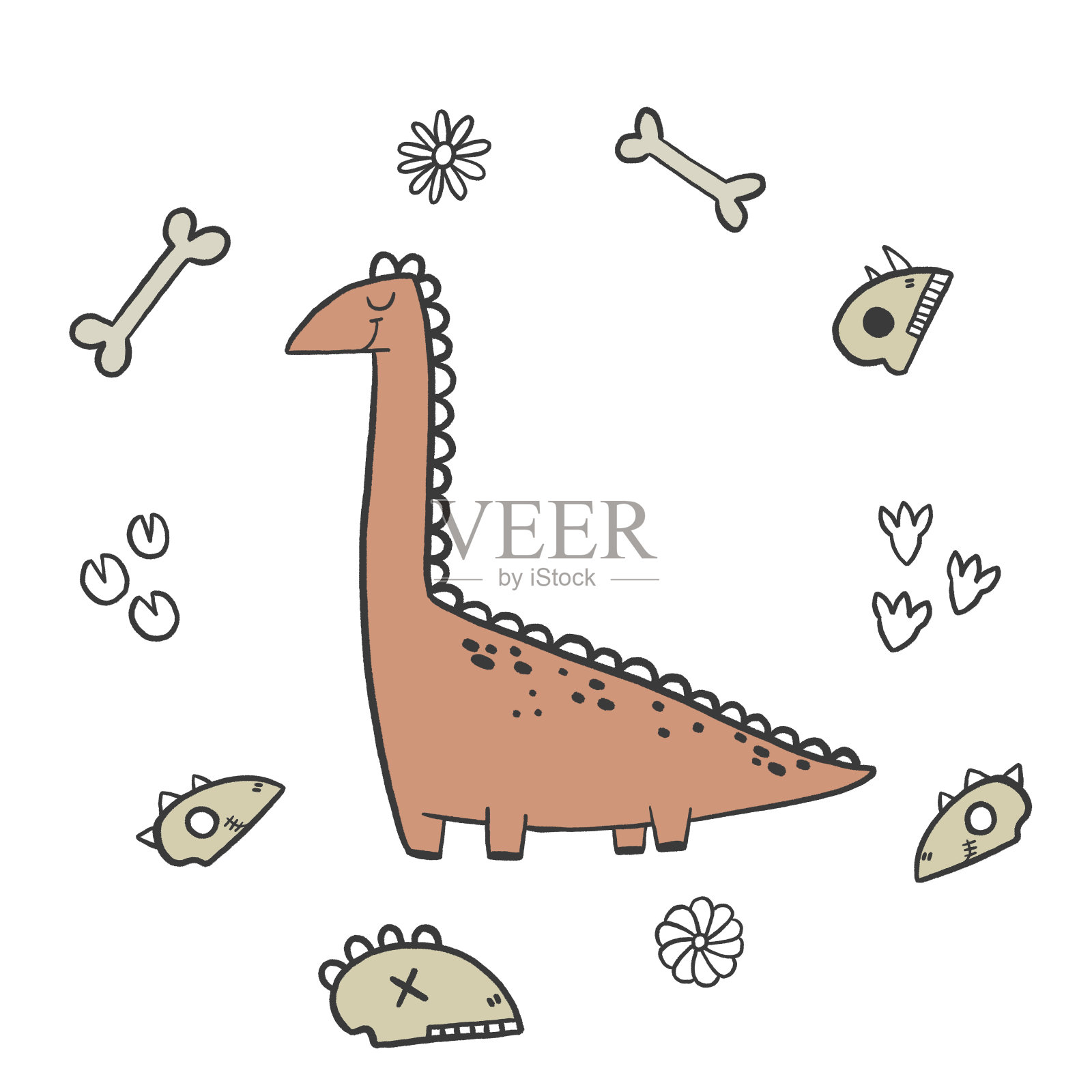 长脖子的恐龙。红色恐龙雷克斯手绘插图孤立的背景插画图片素材