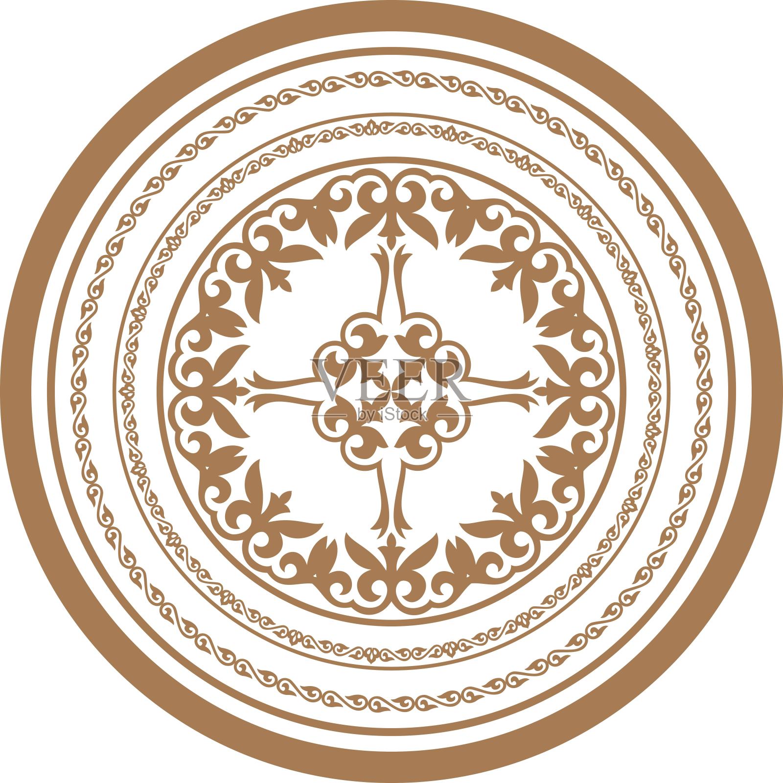 圆金框架，工件为您设计。哈萨克、吉尔吉斯、乌兹别克、亚洲民族装饰的装饰元素和图案，用于板材、纺织品和印花设计。圆的框架。向量。插画图片素材