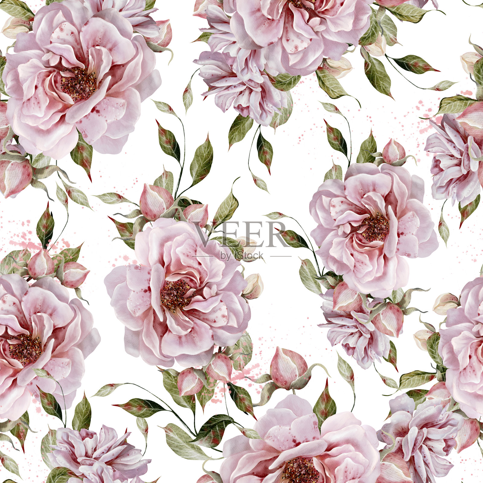 水彩无缝图案与粉红色的玫瑰和树叶。插画图片素材