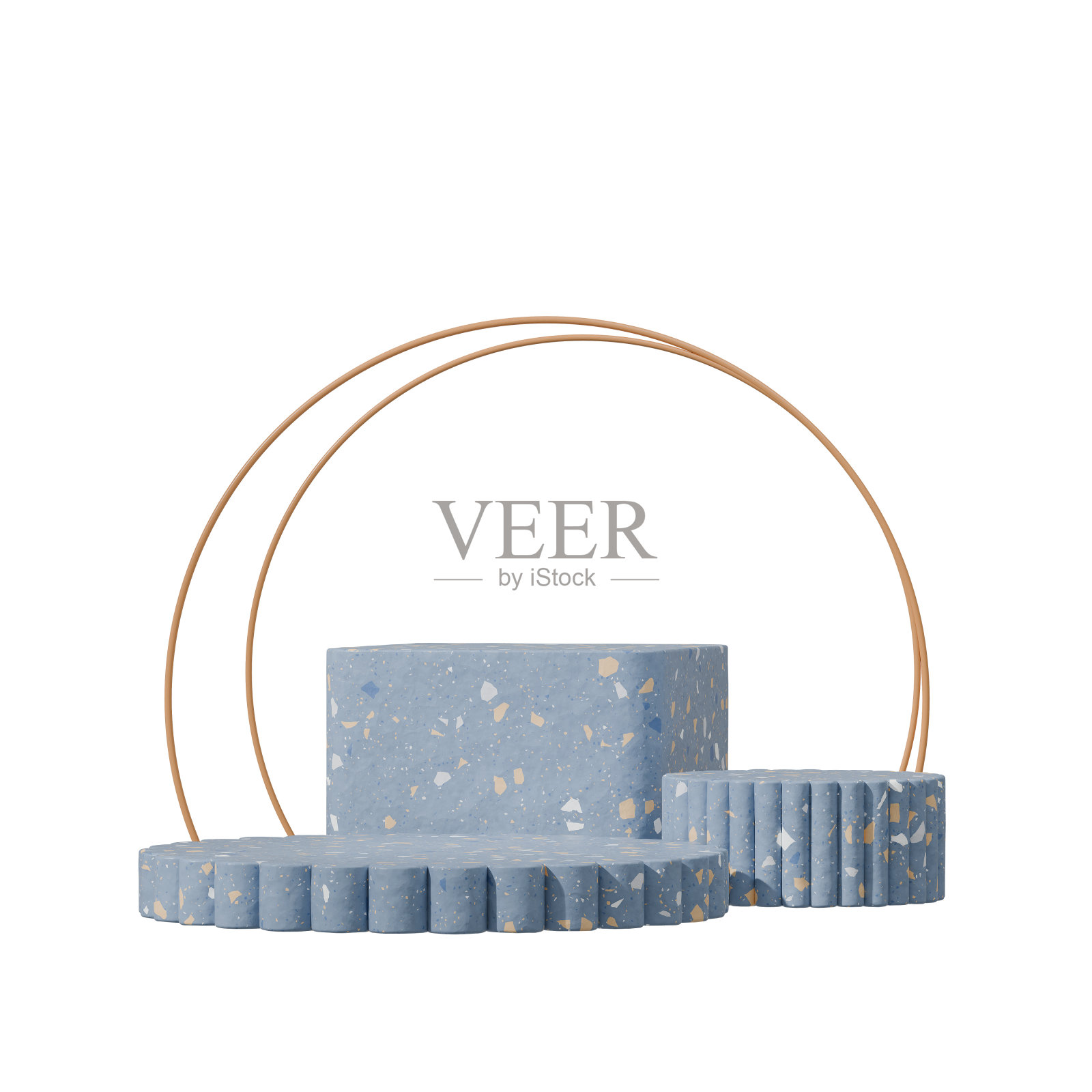 透明背景的蓝色水磨石圆柱基座，在方形黄色环三维渲染照片摄影图片