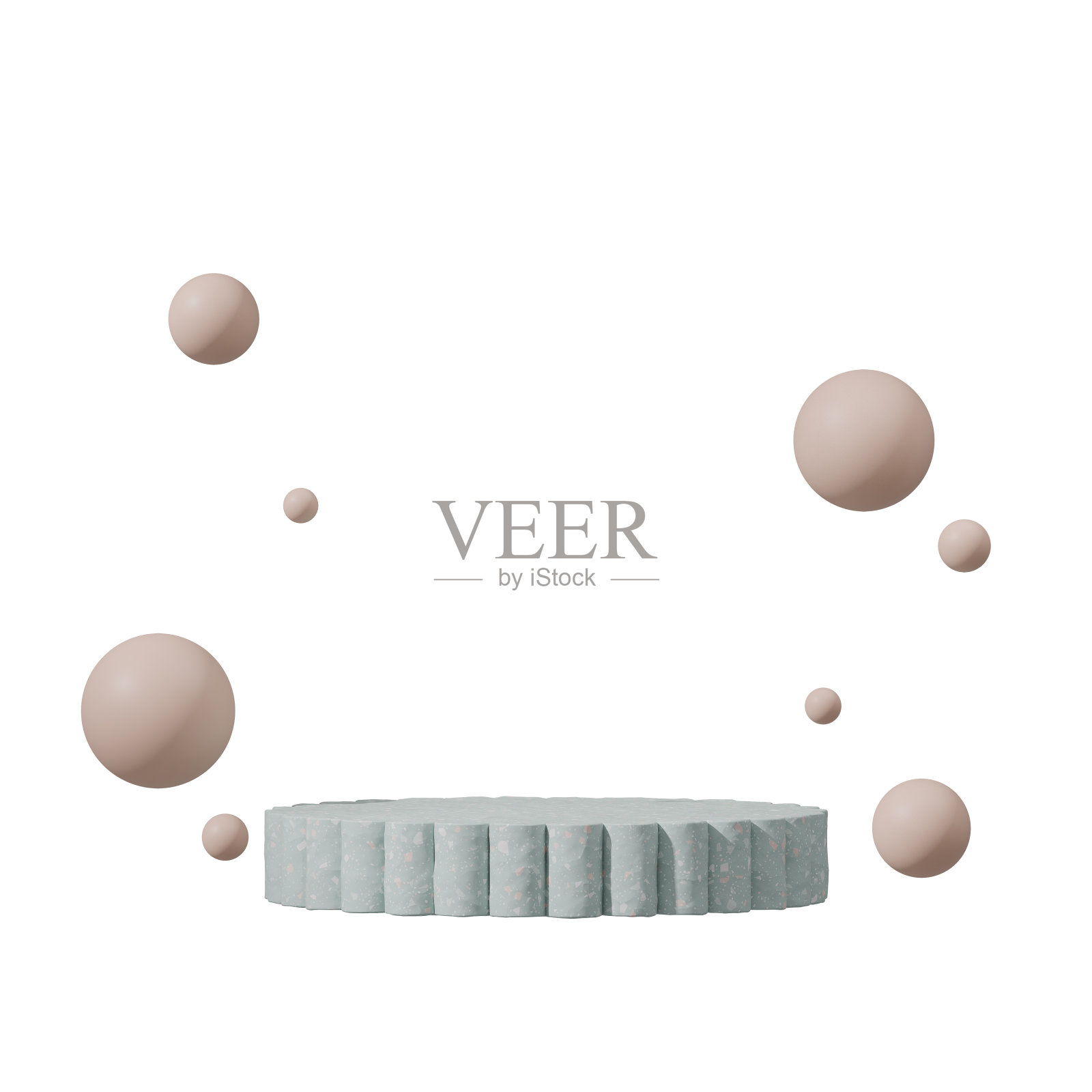 在方形米色球体中，3d渲染绿色水磨石平台的透明背景照片摄影图片