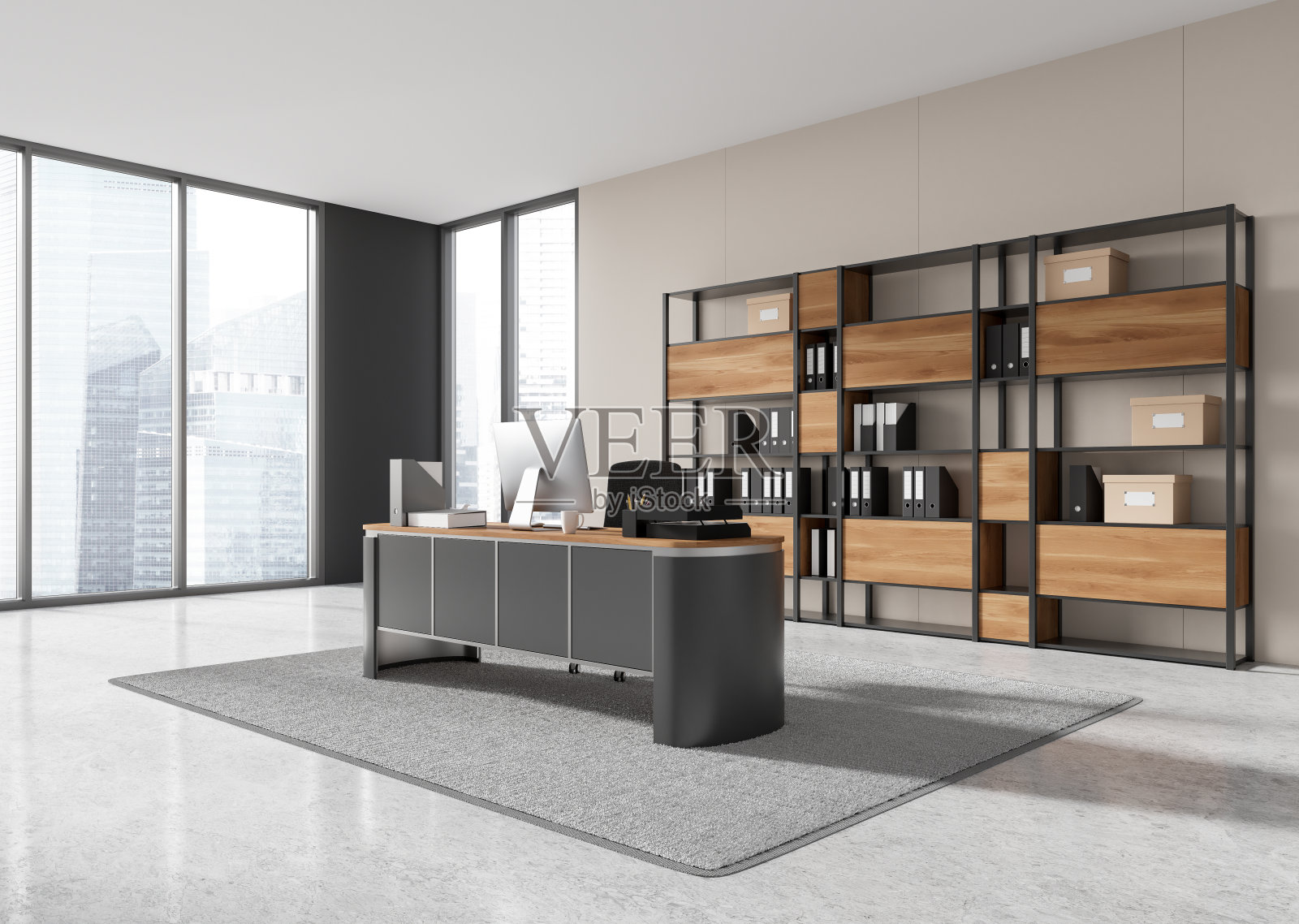 时尚的商务室内，靠近窗户的ceo办公桌，pc电脑和架子照片摄影图片