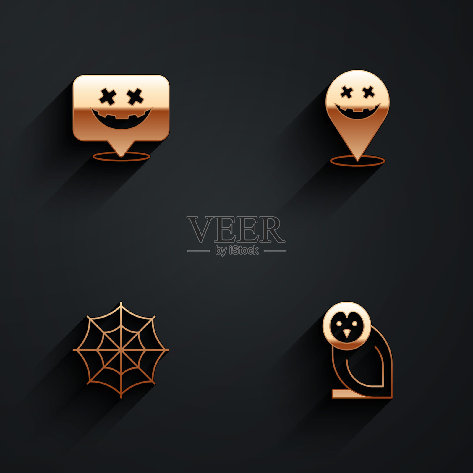 集快乐的万圣节假期，蜘蛛网和猫头鹰鸟图标与长阴影。向量插画图片素材