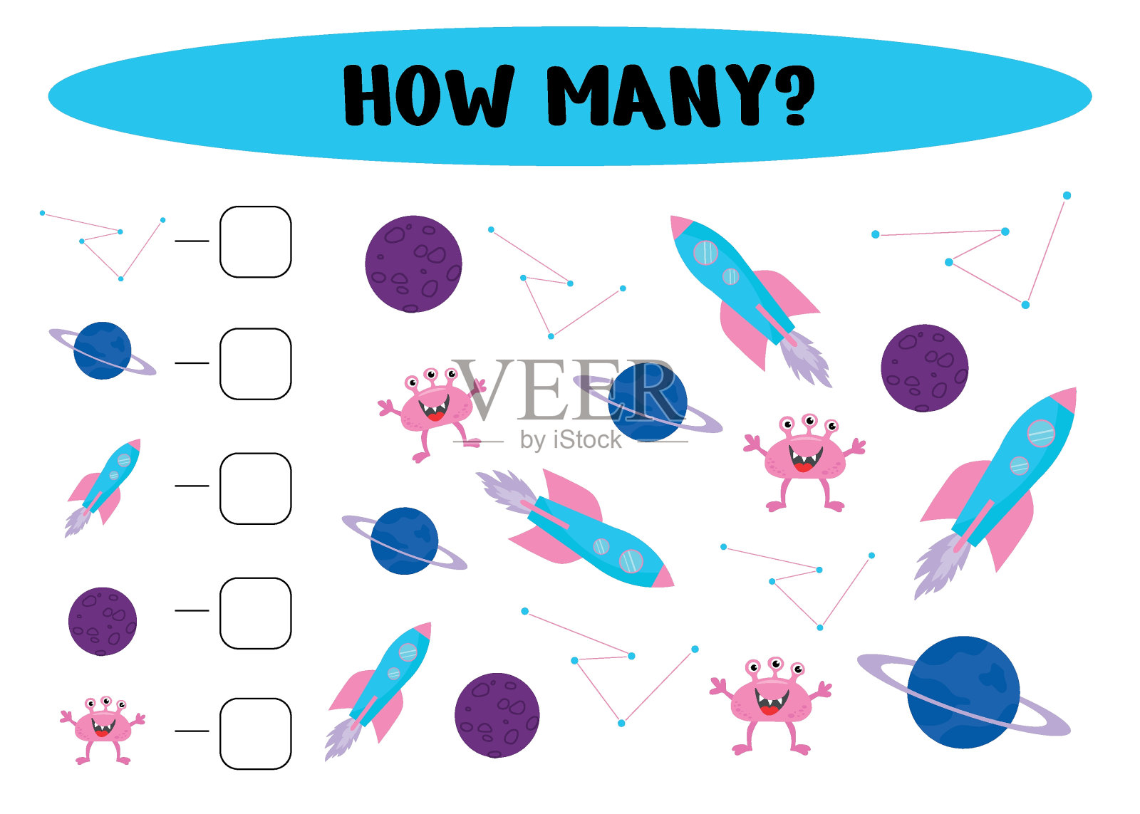 孩子们的太空活动。有多少。数一数行星，外星人，火箭的数量。矢量插图。插画图片素材