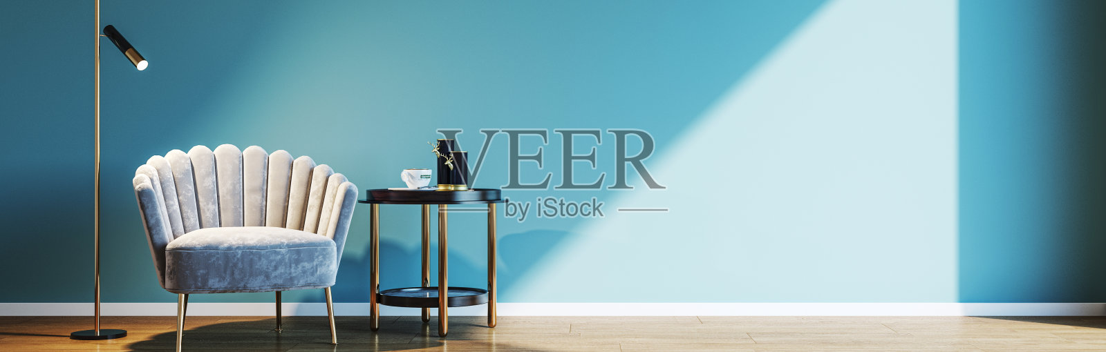 现代3d插图横幅放松和舒适的现代客厅，沙发，扶手椅，窗户，地毯，咖啡桌，窗帘和书架照片摄影图片