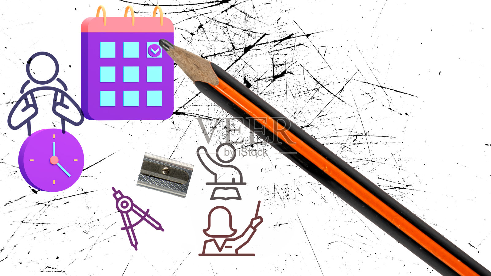 回到学校的概念。铅笔在日历上，日历上有一个时钟和一个人。照片摄影图片