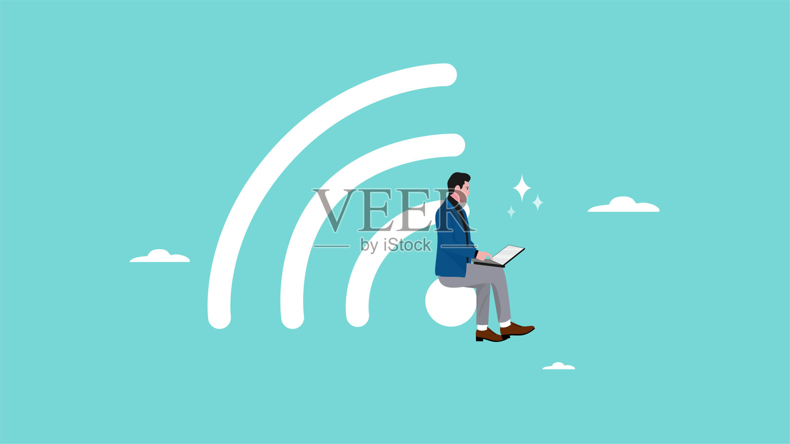 在线工作或在家工作，自由职业者或在线工作，聪明的商人使用笔记本电脑坐在wifi或互联网在线图标概念矢量插图远程工作插画图片素材