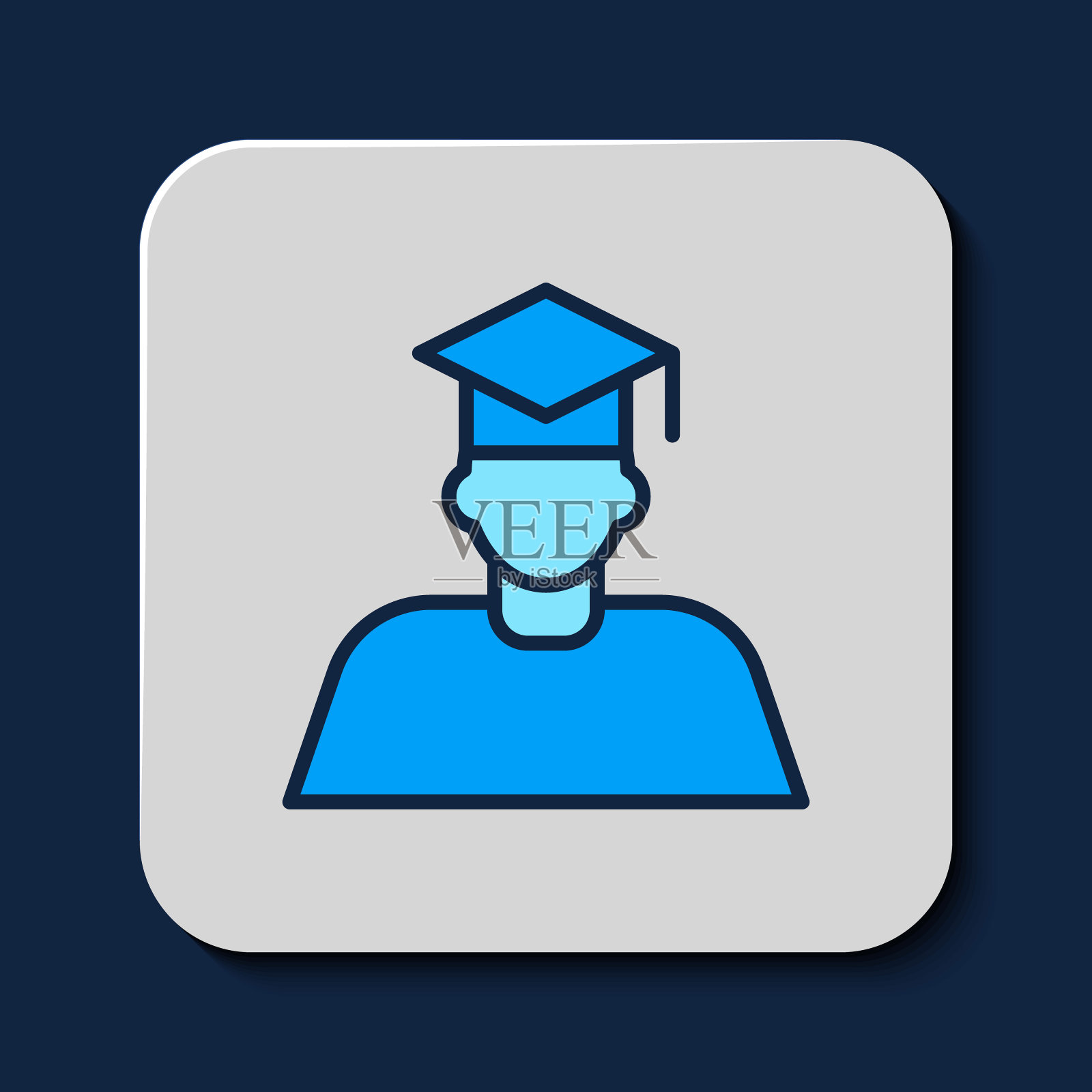 填充轮廓毕业生和毕业帽图标隔离在蓝色背景。向量插画图片素材