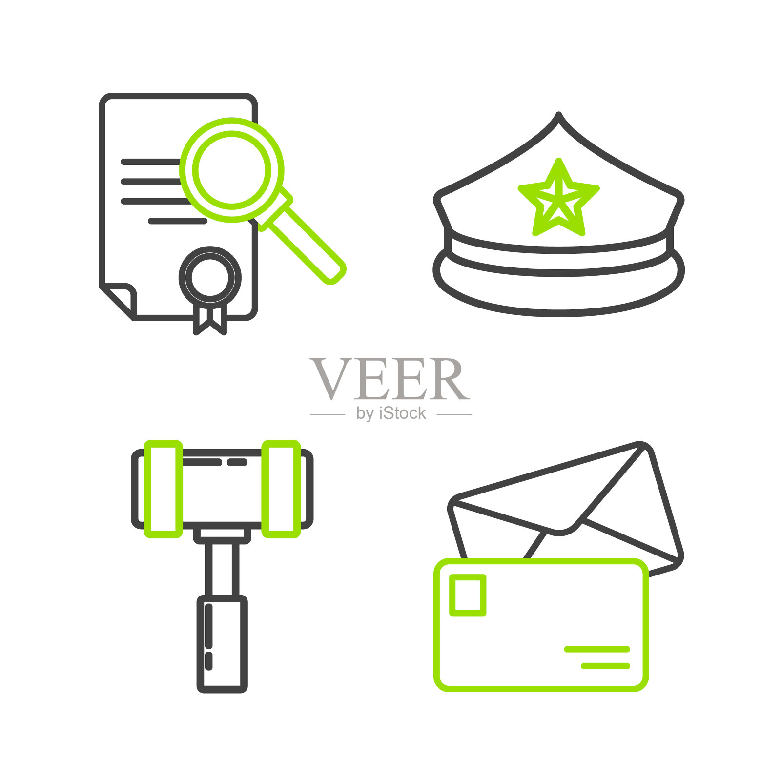 信封、法官锤、带帽徽的警帽和文档搜索图标插画图片素材