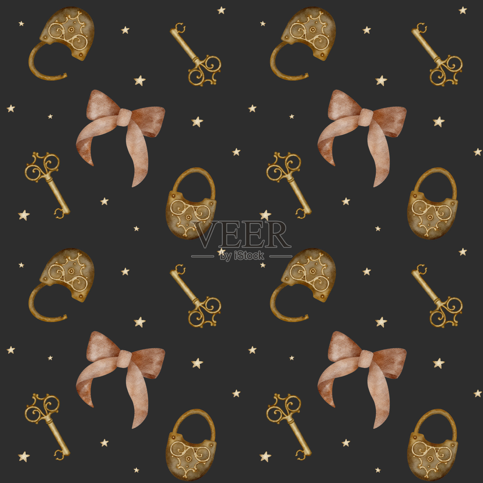 水彩图案复古城堡，钥匙，弓，星星。暗背景插图，用于纺织品、织物、服装、包装、卡片等插画图片素材