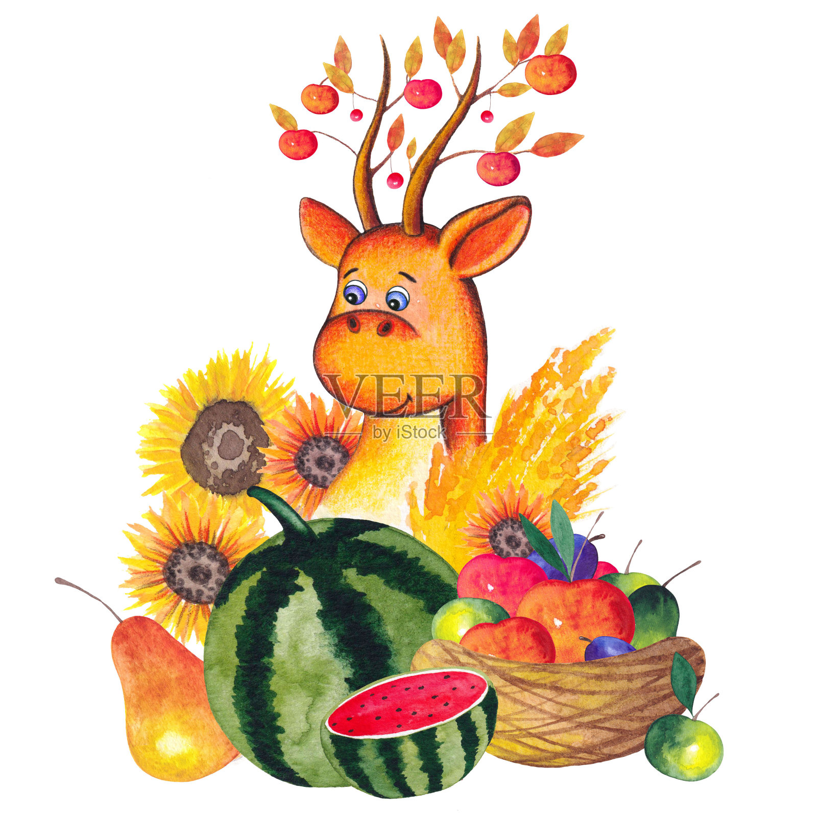 手绘插图可爱的卡通龙与丰收插画图片素材