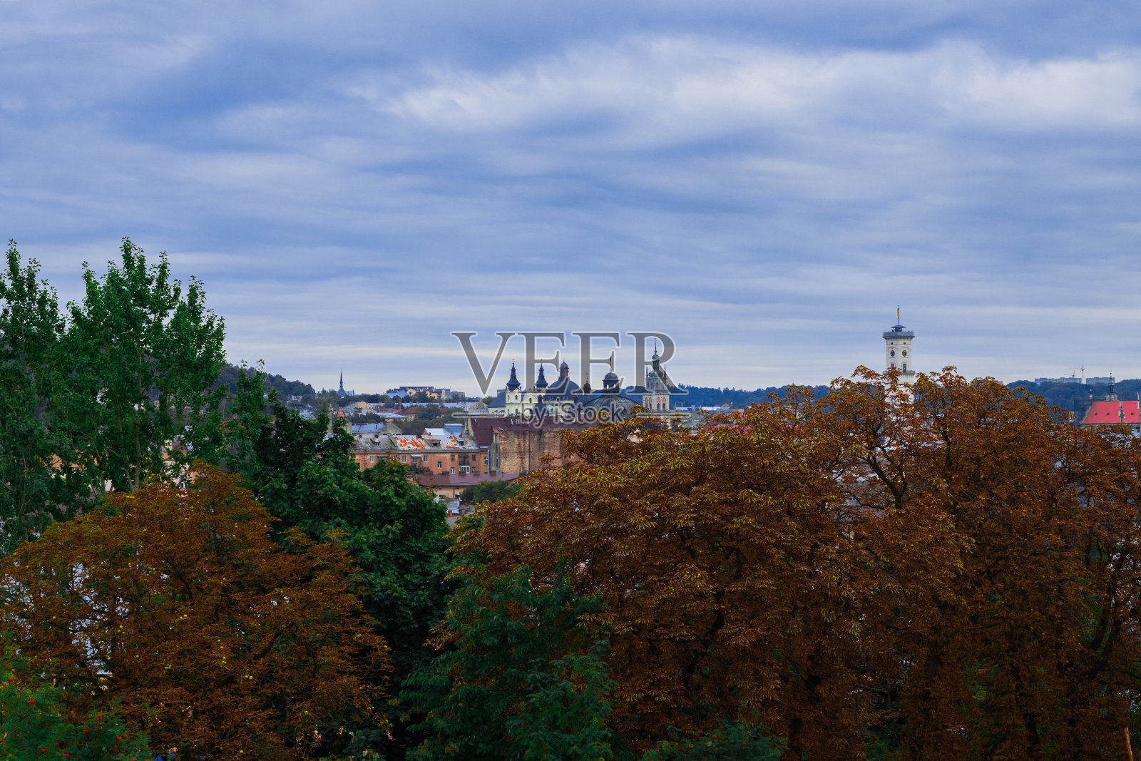 秋天多云的城市景观天前景棕色和绿色的树叶和背景略有模糊的历史城市塔楼屋顶照片摄影图片