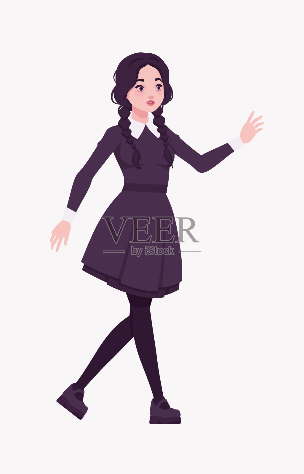 一身黑衣的女孩，哥特长袖长裙，走着走着插画图片素材