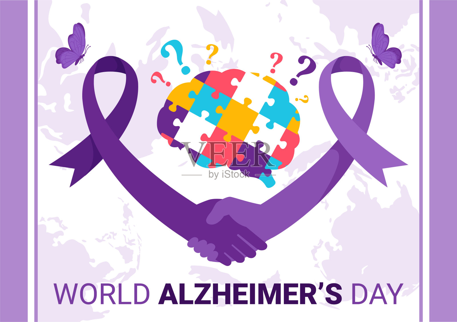 世界阿尔茨海默病日矢量插图，在紫色缎带平面背景上展示老年人和大脑拼图，象征着记忆插画图片素材