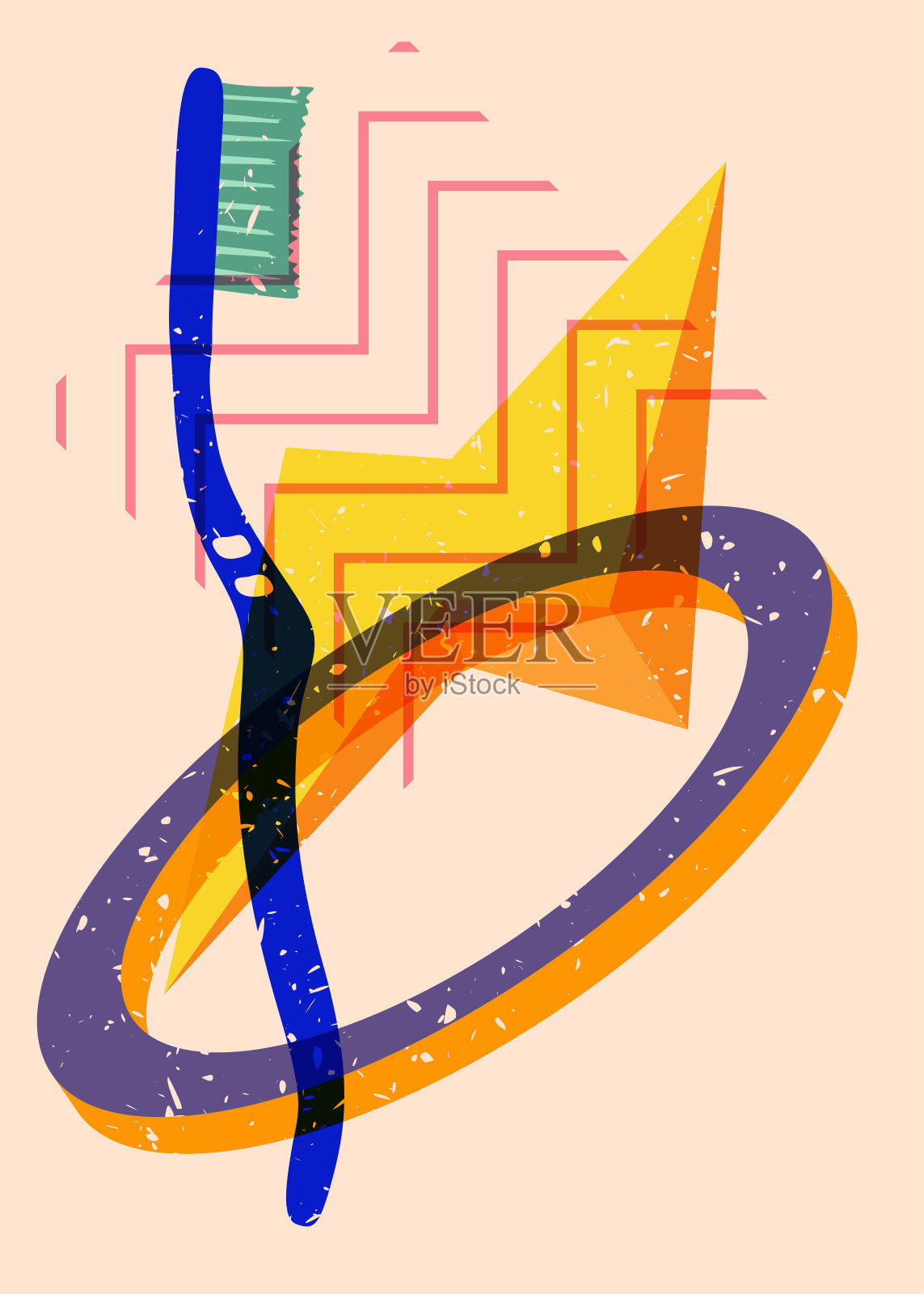 几何形状的Risograph牙刷。物体以时尚的riso图形打印纹理风格设计与几何元素。插画图片素材