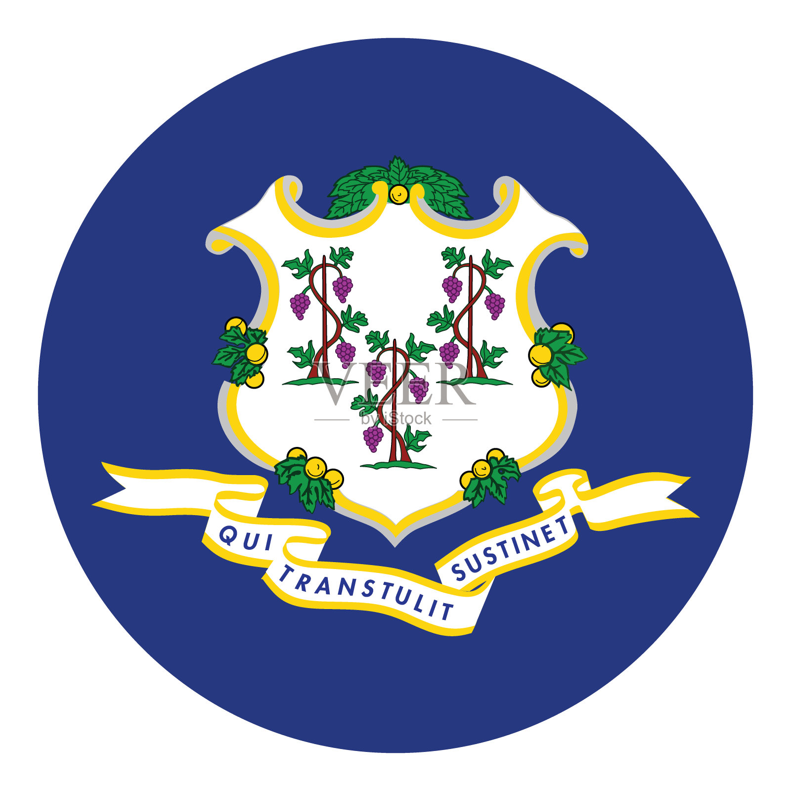 康涅狄格国旗。康涅狄格圆形旗。康涅狄格州的旗帜。州旗。标准颜色。圆形图标标志。电脑插图。插画图片素材