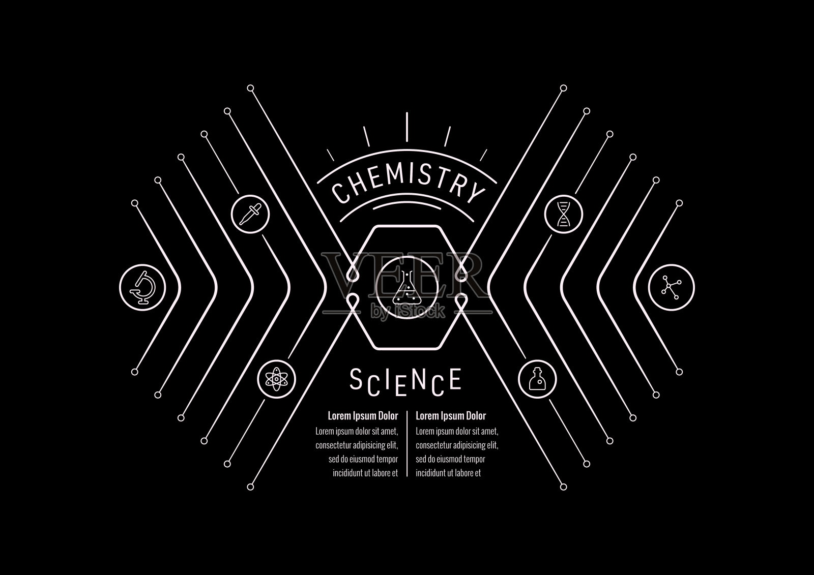 黑色背景上的化学和科学概念。化学概念适用于商业、科学、教育世界。化学、科学和科学符号插画图片素材