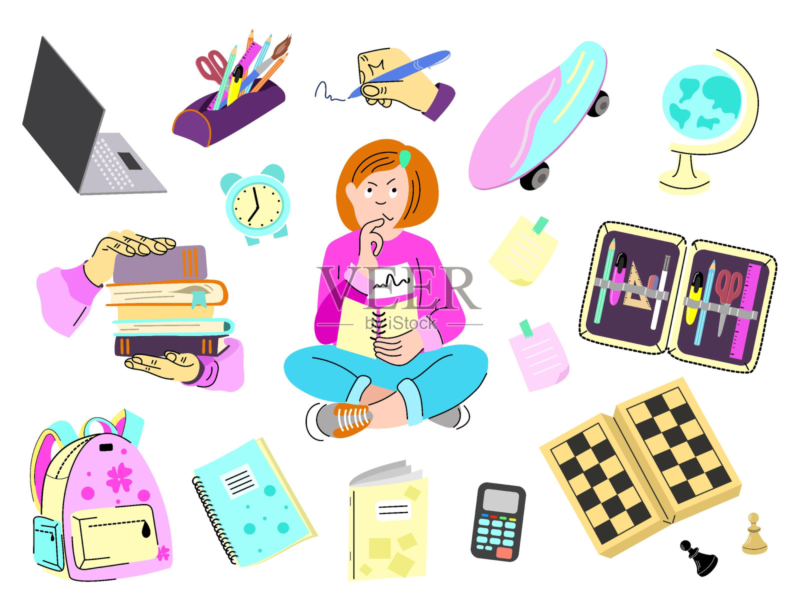 给十几岁的女孩买了一套大的学习用品。插画图片素材