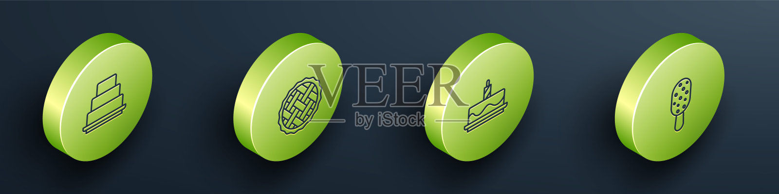 集等距线蛋糕，自制派，燃烧的蜡烛和冰淇淋图标。向量插画图片素材