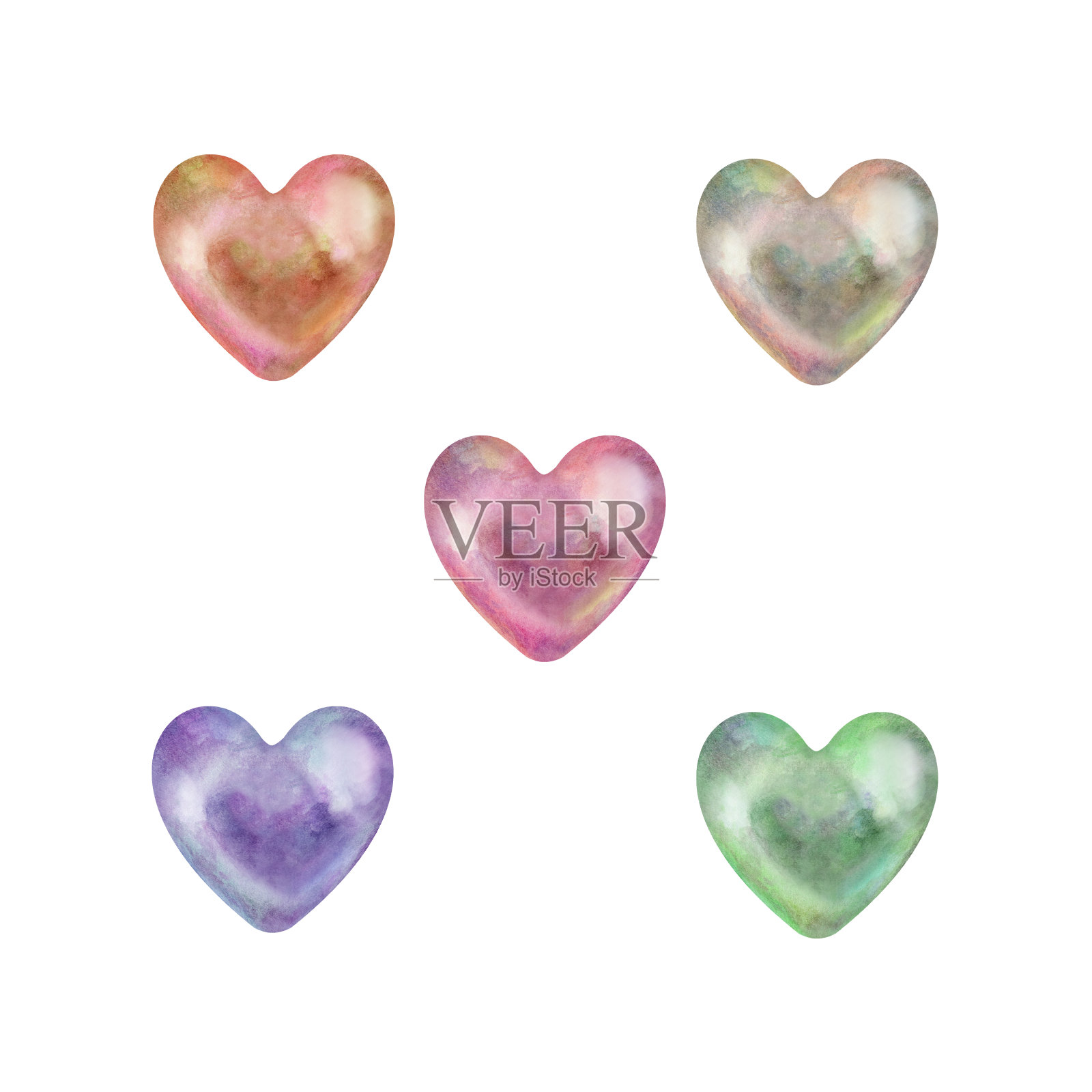 一套透明多色彩虹珍珠心。水彩插图为模板的情人节，婚礼，爱情室内装饰，手机壁纸，糖果和口香糖，在烹饪，酒精插画图片素材