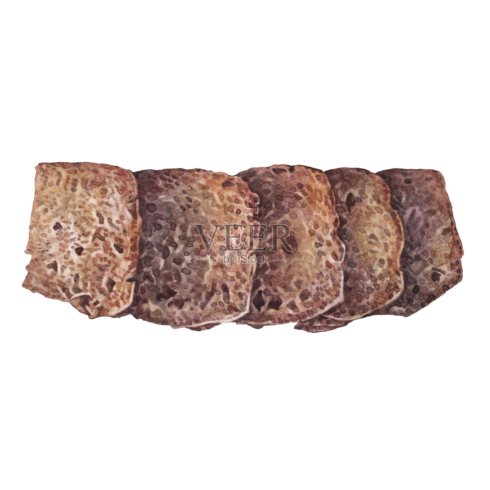 水彩面包新鲜脆自制黑麦面包孤立在白色背景。全麦面包是健康的早餐。为烹饪书或厨房手绘食物。剪贴画墙纸或包装插画图片素材