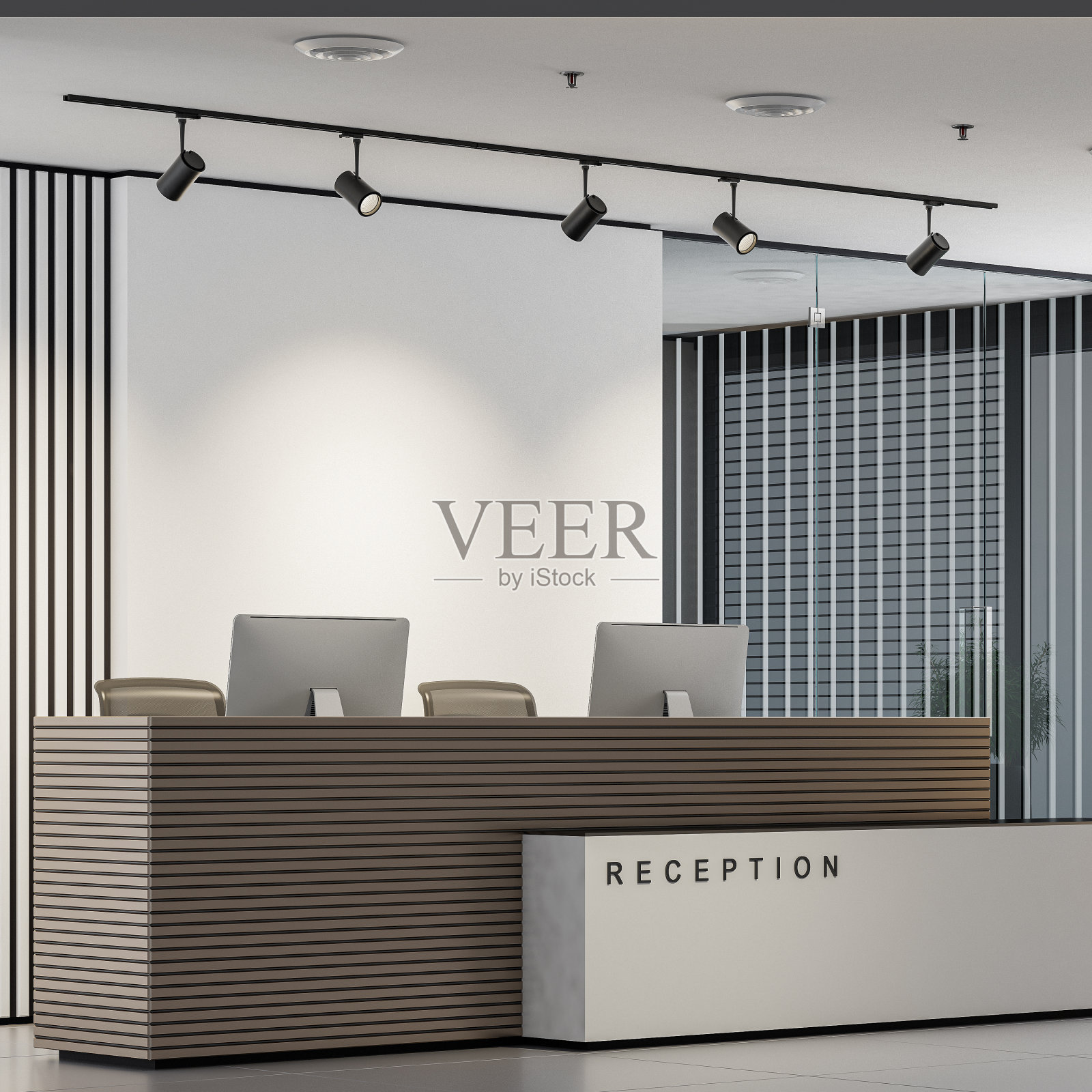 现代化的办公室内部接待区，大桌子照片摄影图片